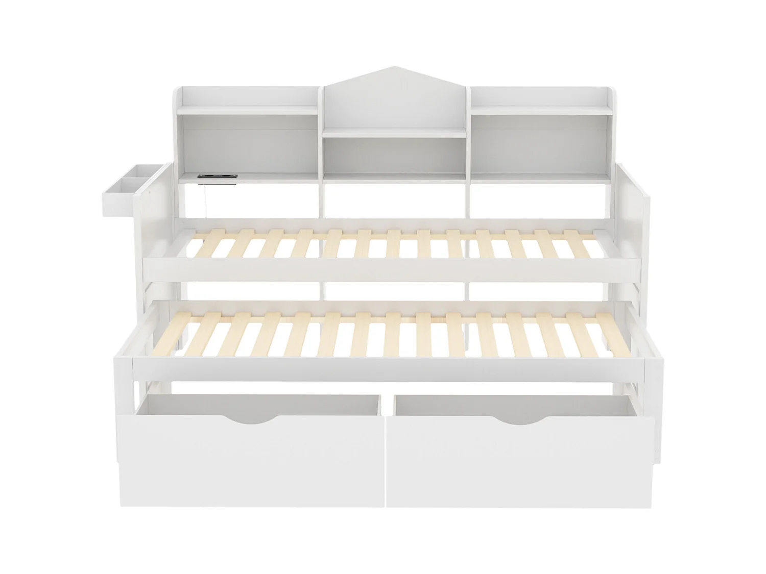 Lit gigogne 90x200cm+90x190cm - cadre en bois massif avec sommier à lattes, prise USB, étagères et 2 tirois, blanc