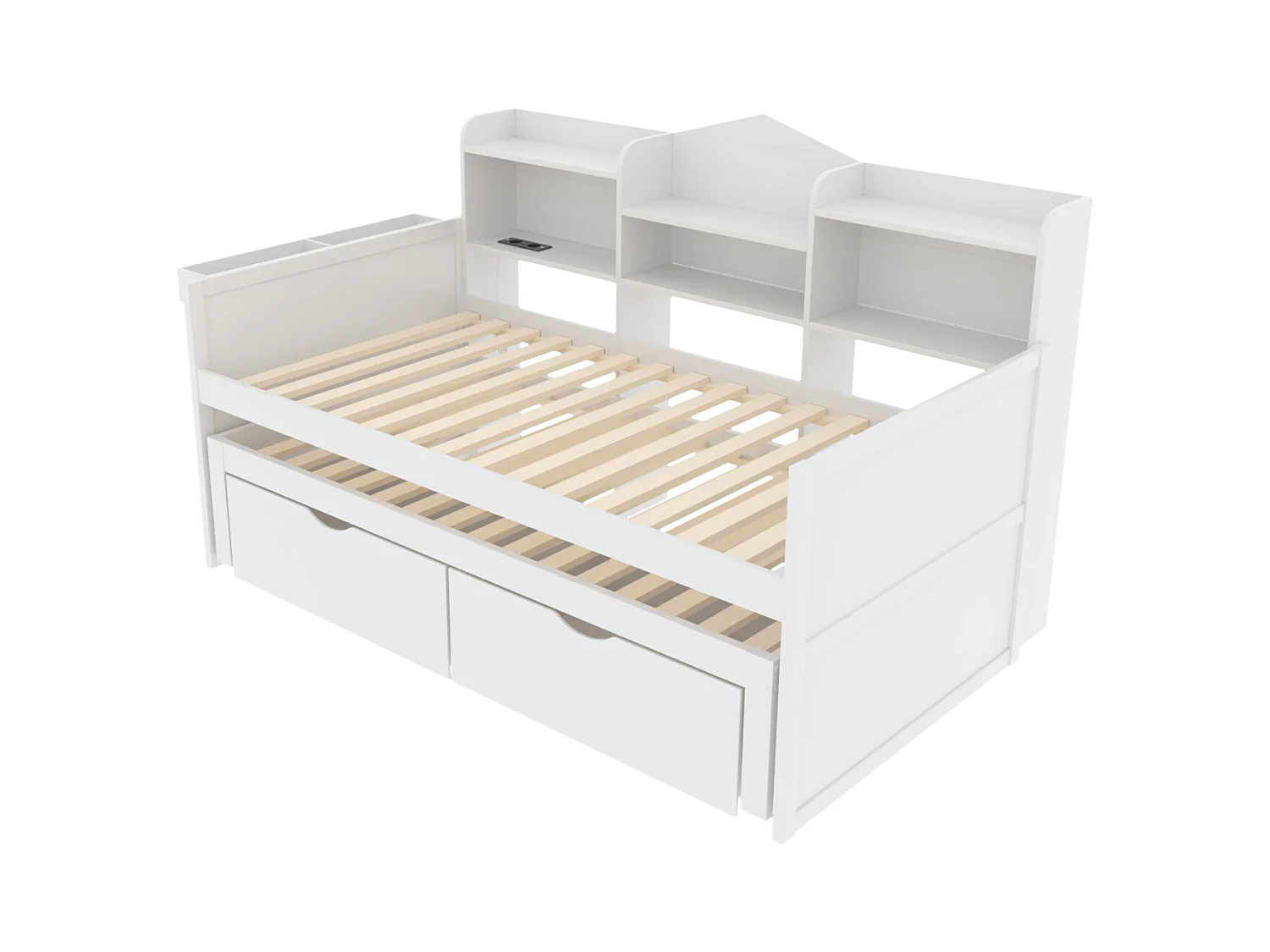 Lit gigogne 90x200cm+90x190cm - cadre en bois massif avec sommier à lattes, prise USB, étagères et 2 tirois, blanc
