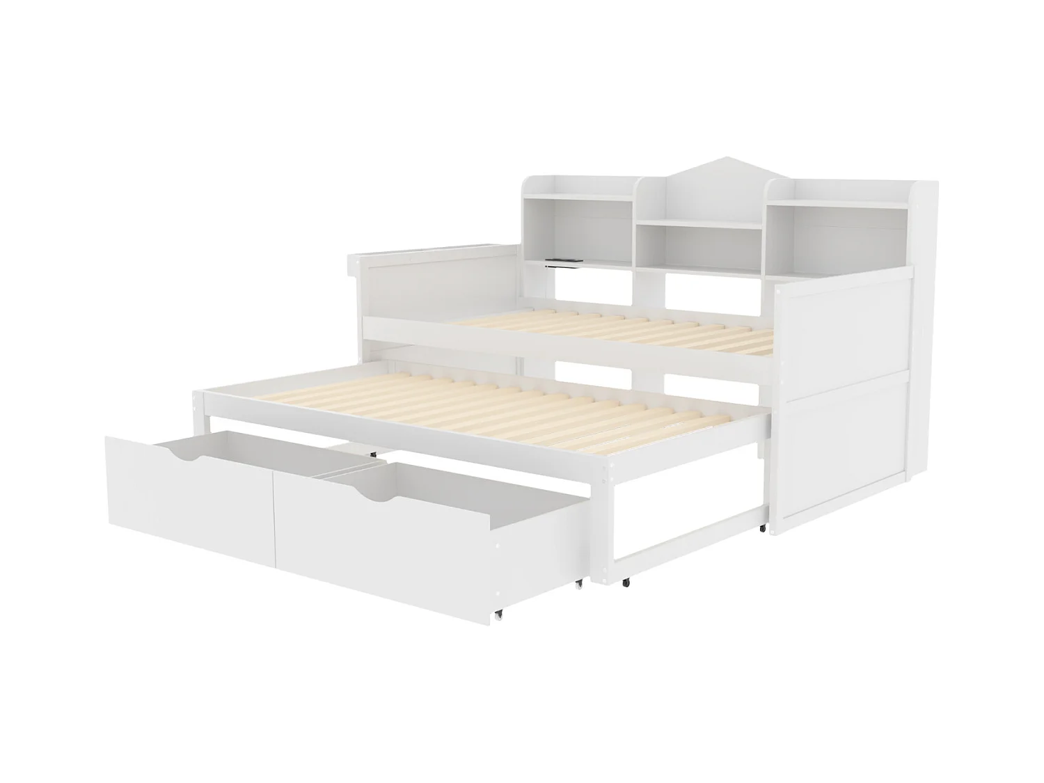 Lit gigogne 90x200cm+90x190cm - cadre en bois massif avec sommier à lattes, prise USB, étagères et 2 tirois, blanc