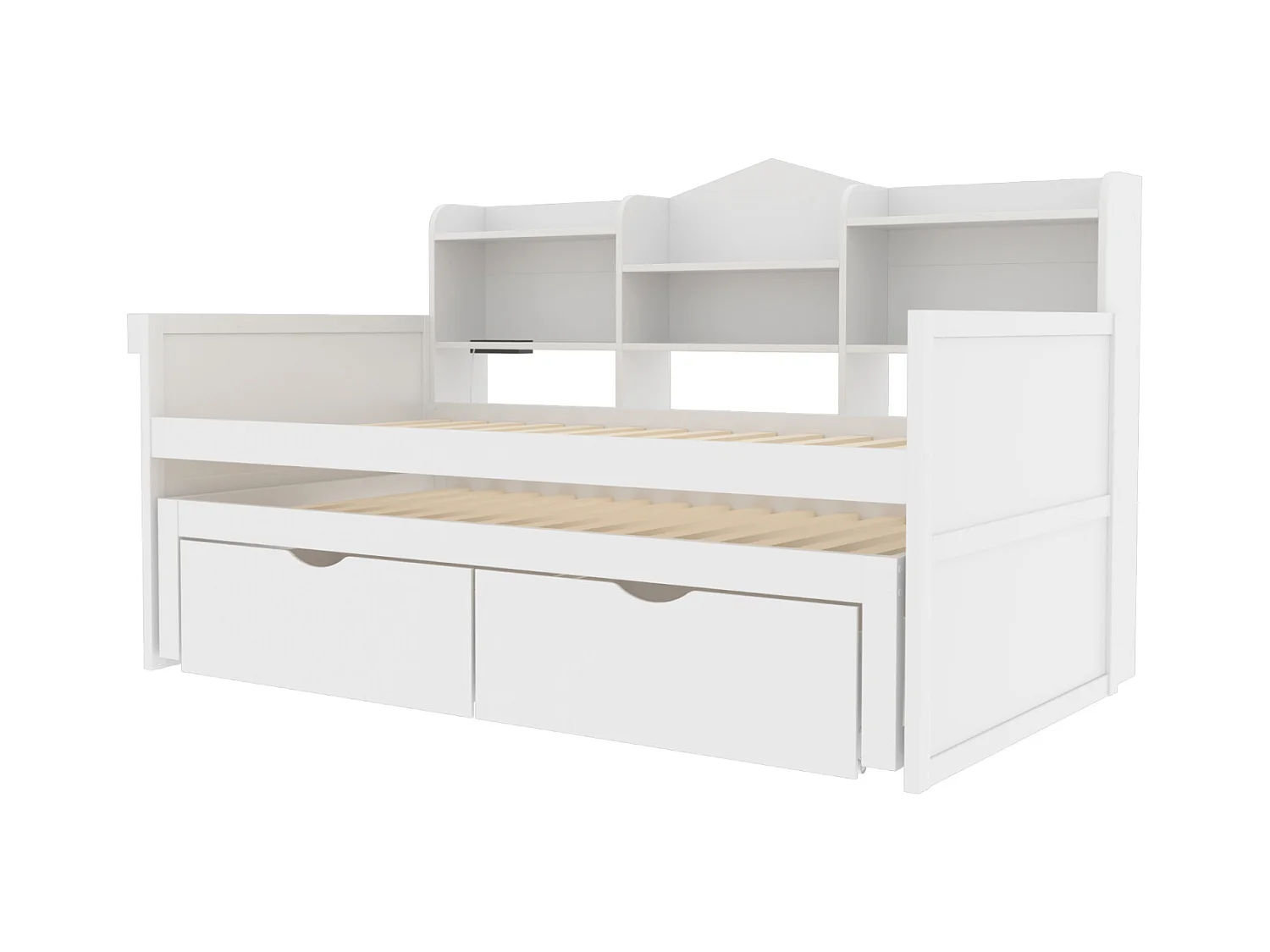Lit gigogne 90x200cm+90x190cm - cadre en bois massif avec sommier à lattes, prise USB, étagères et 2 tirois, blanc