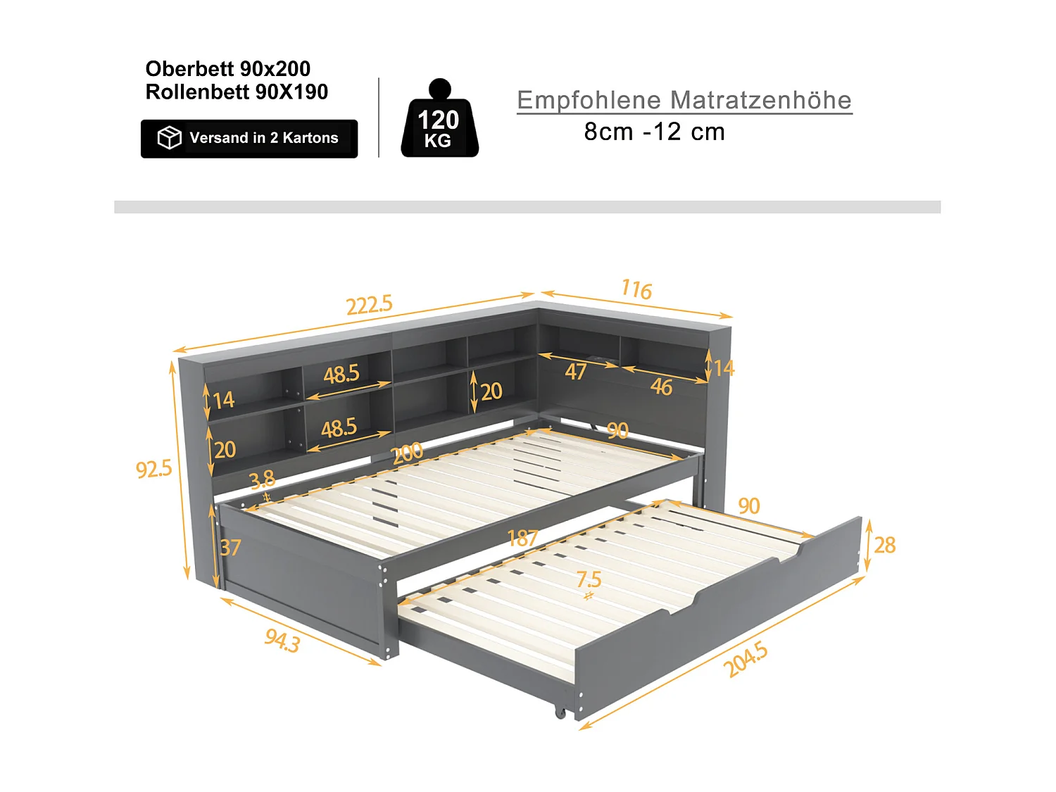 Lit gigogne 90x200cm+90x190cm - cadre en bois massif avec sommier à lattes, prise USB et plusieurs rangements, gris