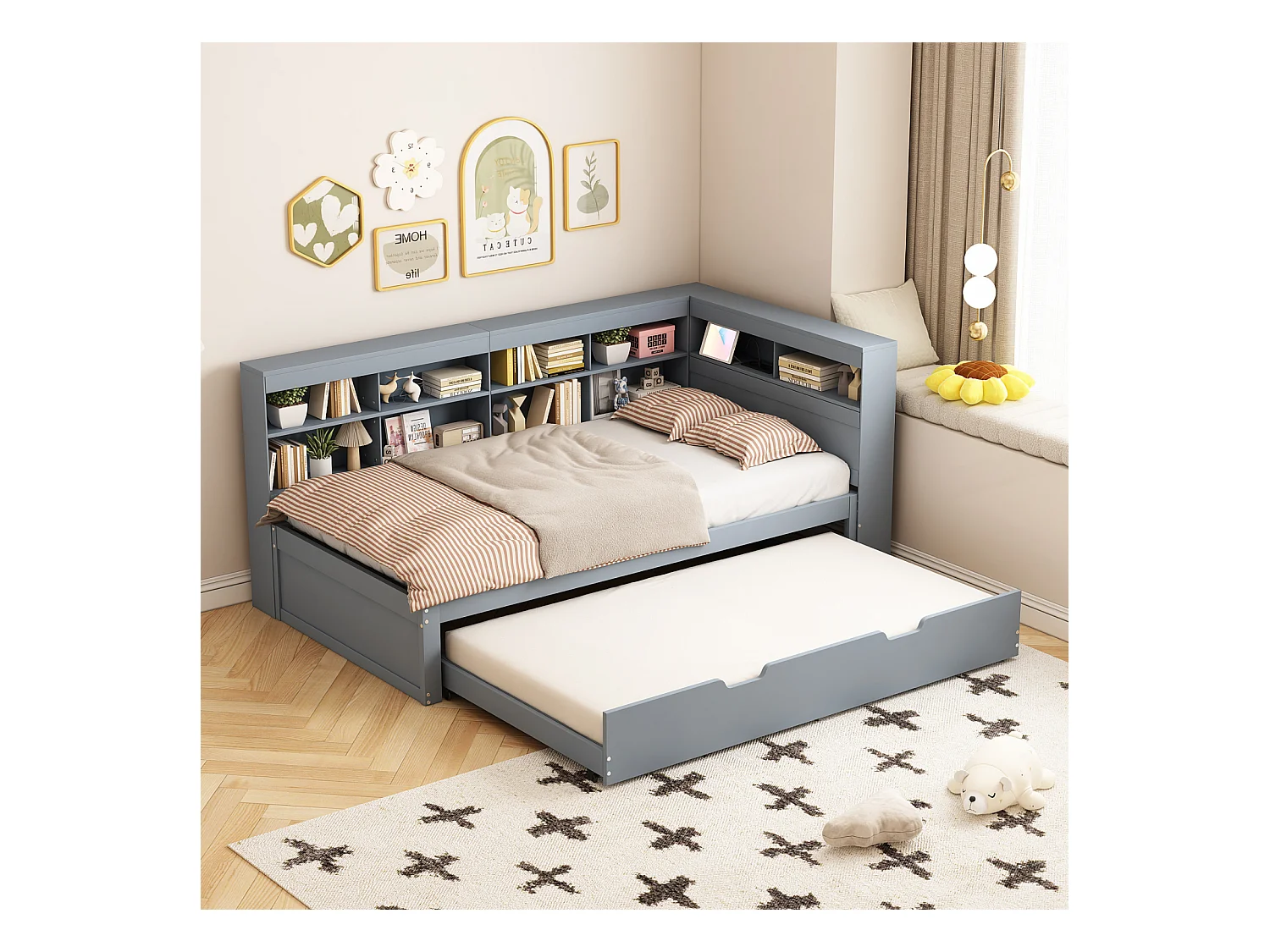 Lit gigogne 90x200cm+90x190cm - cadre en bois massif avec sommier à lattes, prise USB et plusieurs rangements, gris