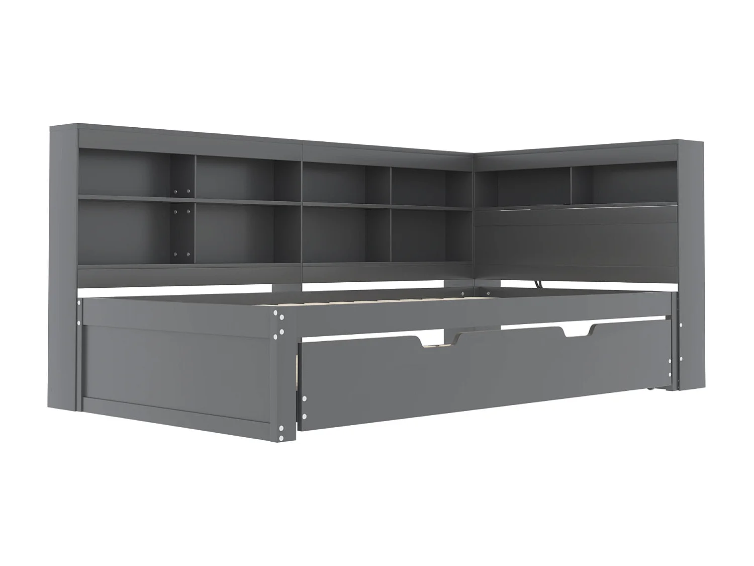 Lit gigogne 90x200cm+90x190cm - cadre en bois massif avec sommier à lattes, prise USB et plusieurs rangements, gris