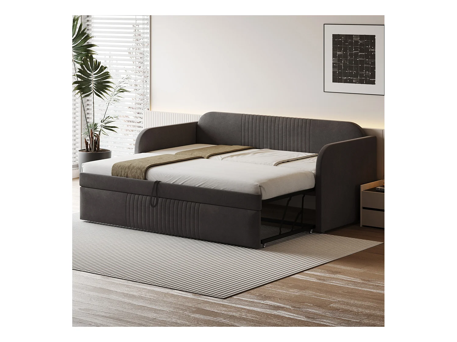 Lit gigogne 90-180x190cm, canapé-lit capitonné à rayures verticales, avec sommier à lattes, sans matelas, tissu en lin, gris foncé