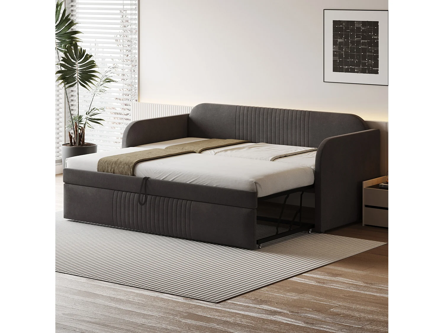 Cama de rodízio 90-180x190cm, sofá-cama estofado com riscas verticais, com estrado de ripas, sem colchão, tecido de linho, cinzento escuro