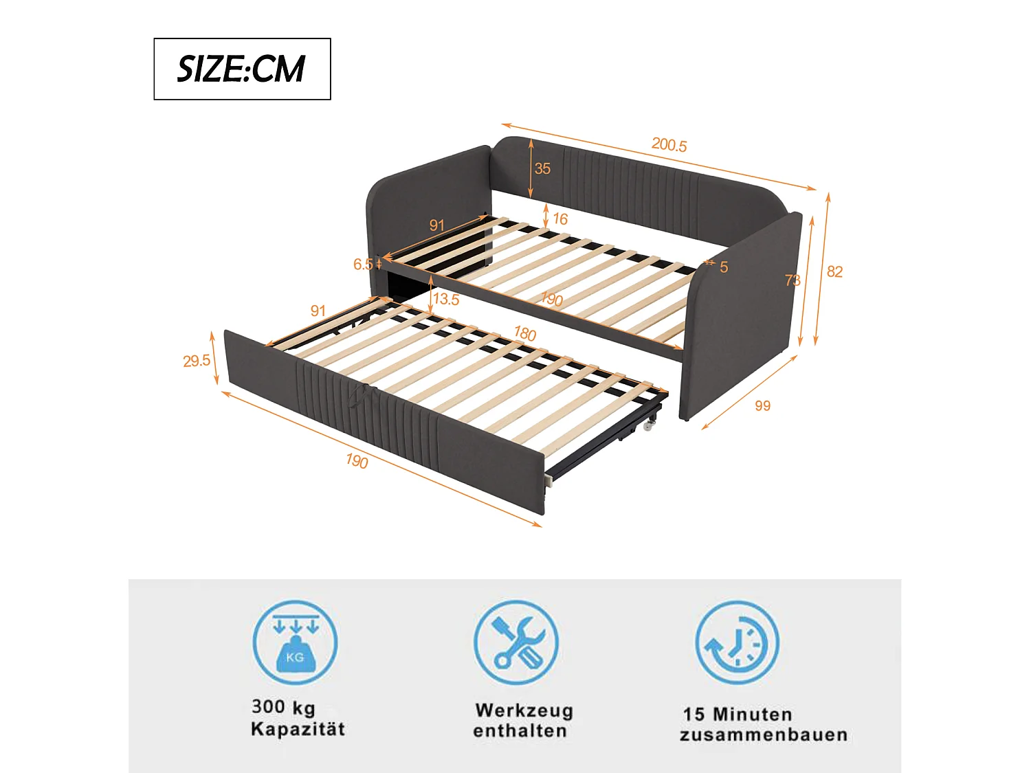 Cama de rodízio 90-180x190cm, sofá-cama estofado com riscas verticais, com estrado de ripas, sem colchão, tecido de linho, cinzento escuro