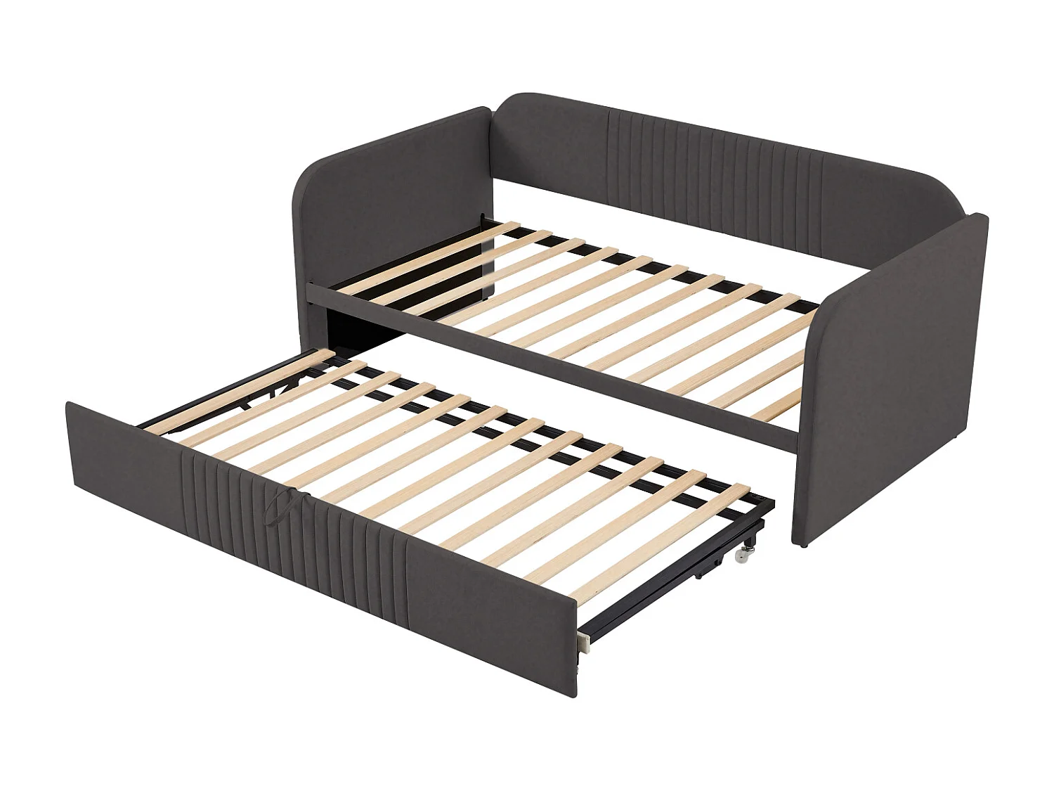 Cama de rodízio 90-180x190cm, sofá-cama estofado com riscas verticais, com estrado de ripas, sem colchão, tecido de linho, cinzento escuro