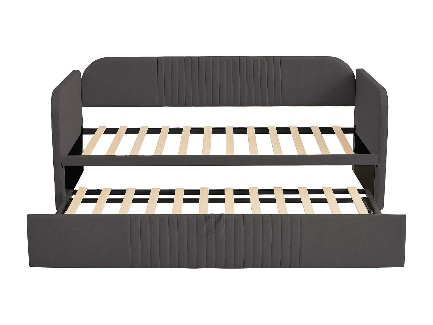 Cama de rodízio 90-180x190cm, sofá-cama estofado com riscas verticais, com estrado de ripas, sem colchão, tecido de linho, cinzento escuro