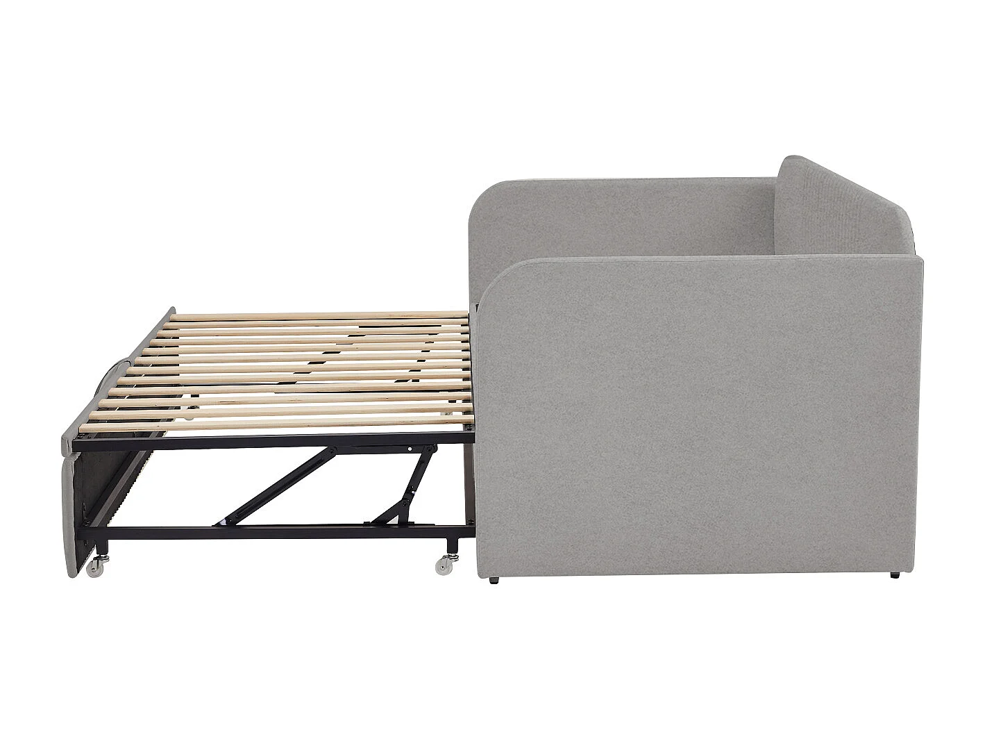 Lit gigogne 90-180x190cm, canapé-lit capitonné à rayures verticales, avec sommier à lattes, sans matelas, tissu en lin, gris clair