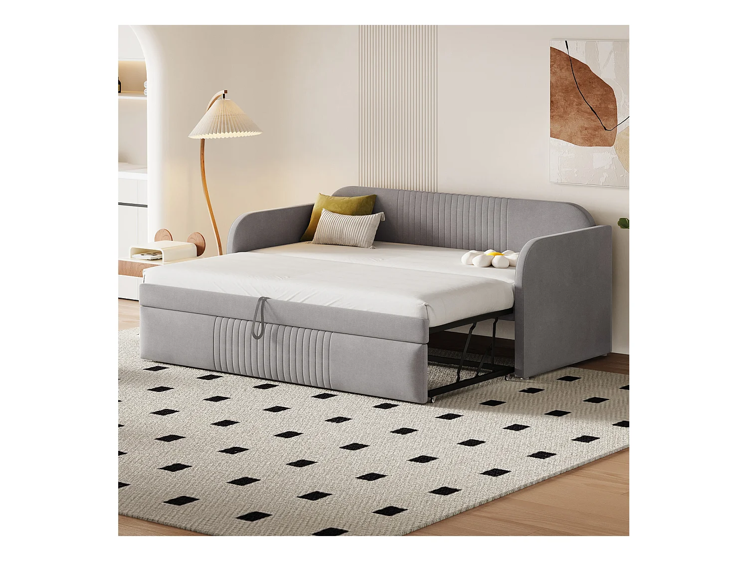 Lit gigogne 90-180x190cm, canapé-lit capitonné à rayures verticales, avec sommier à lattes, sans matelas, tissu en lin, gris clair
