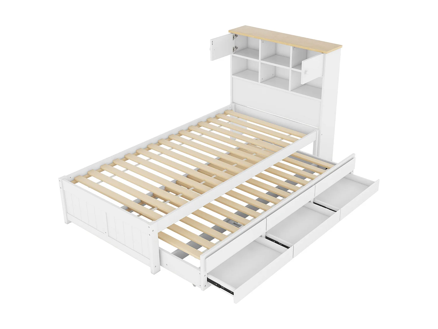 Lit gigogne 90x200cm+90x190cm, avec 3 tiroirs, avec sommier à lattes et tête de lit avec plusieurs rangements, blanc