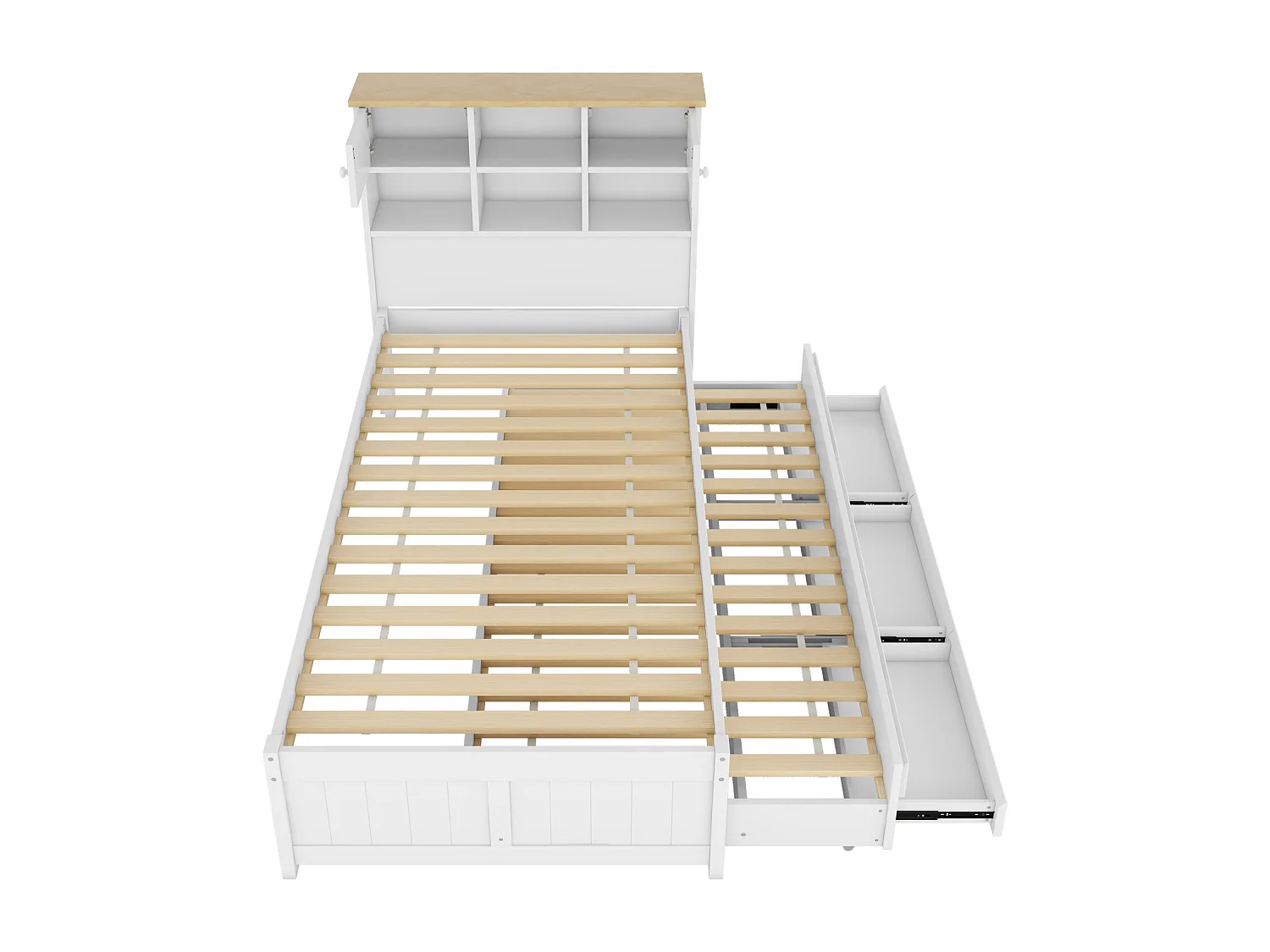 Lit gigogne 90x200cm+90x190cm, avec 3 tiroirs, avec sommier à lattes et tête de lit avec plusieurs rangements, blanc