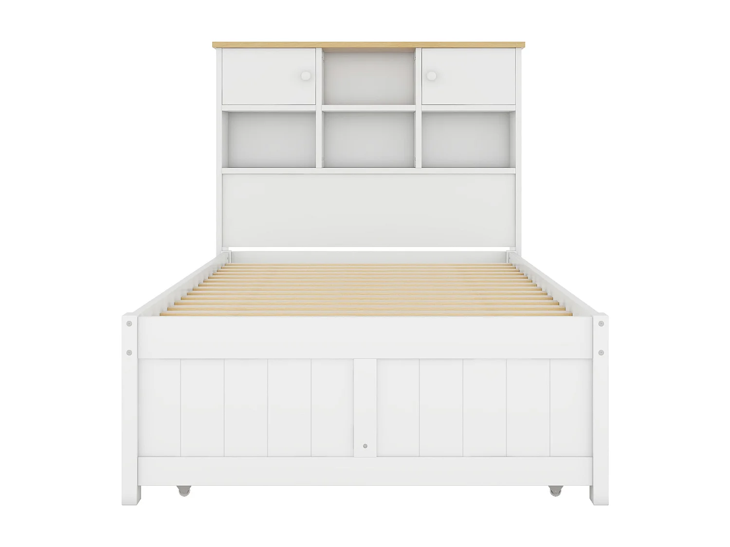 Lit gigogne 90x200cm+90x190cm, avec 3 tiroirs, avec sommier à lattes et tête de lit avec plusieurs rangements, blanc