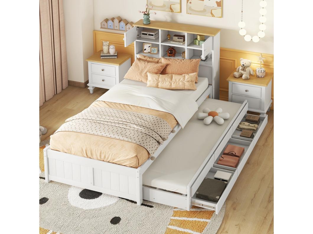 Cama nido 90x200cm+90x190cm, con 3 cajones, con somier y cabecero con varios espacios de almacenamiento, blanco