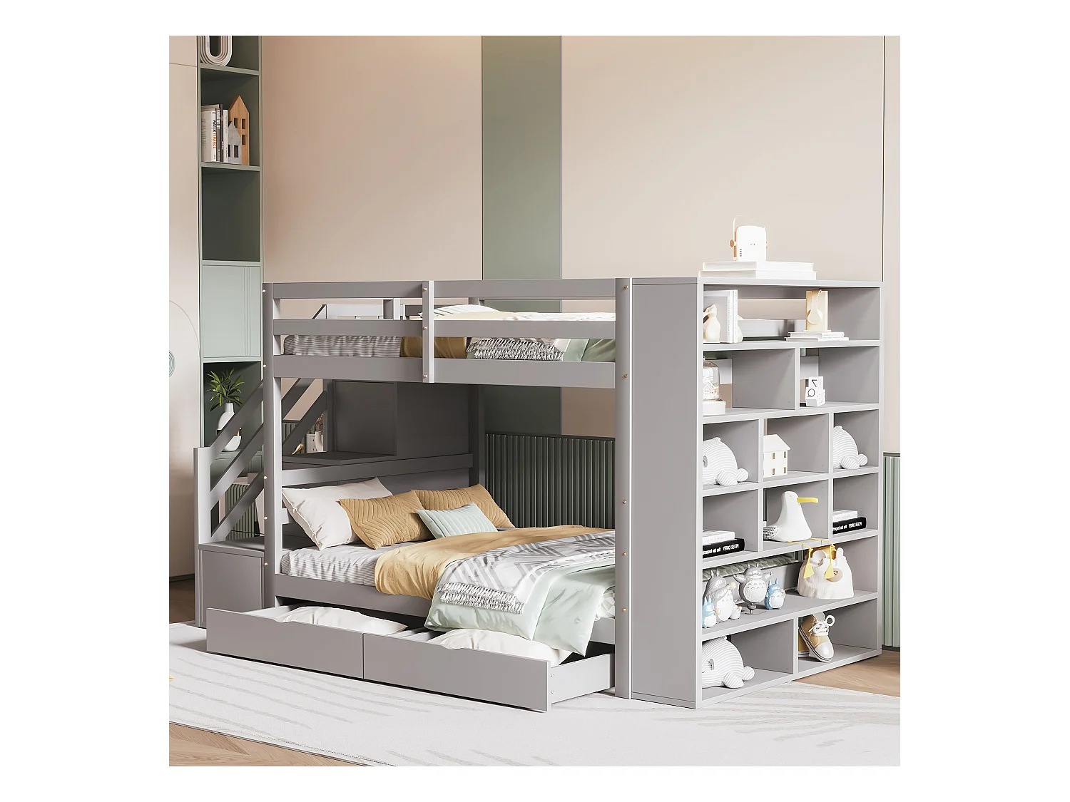 Etagenbett 90x200cm – Kinderbett mit 2x Lattenrost, Treppe mit Stauraum, 2 Schubladen und großen Schließfächern – Bett aus grauem Kiefernholz