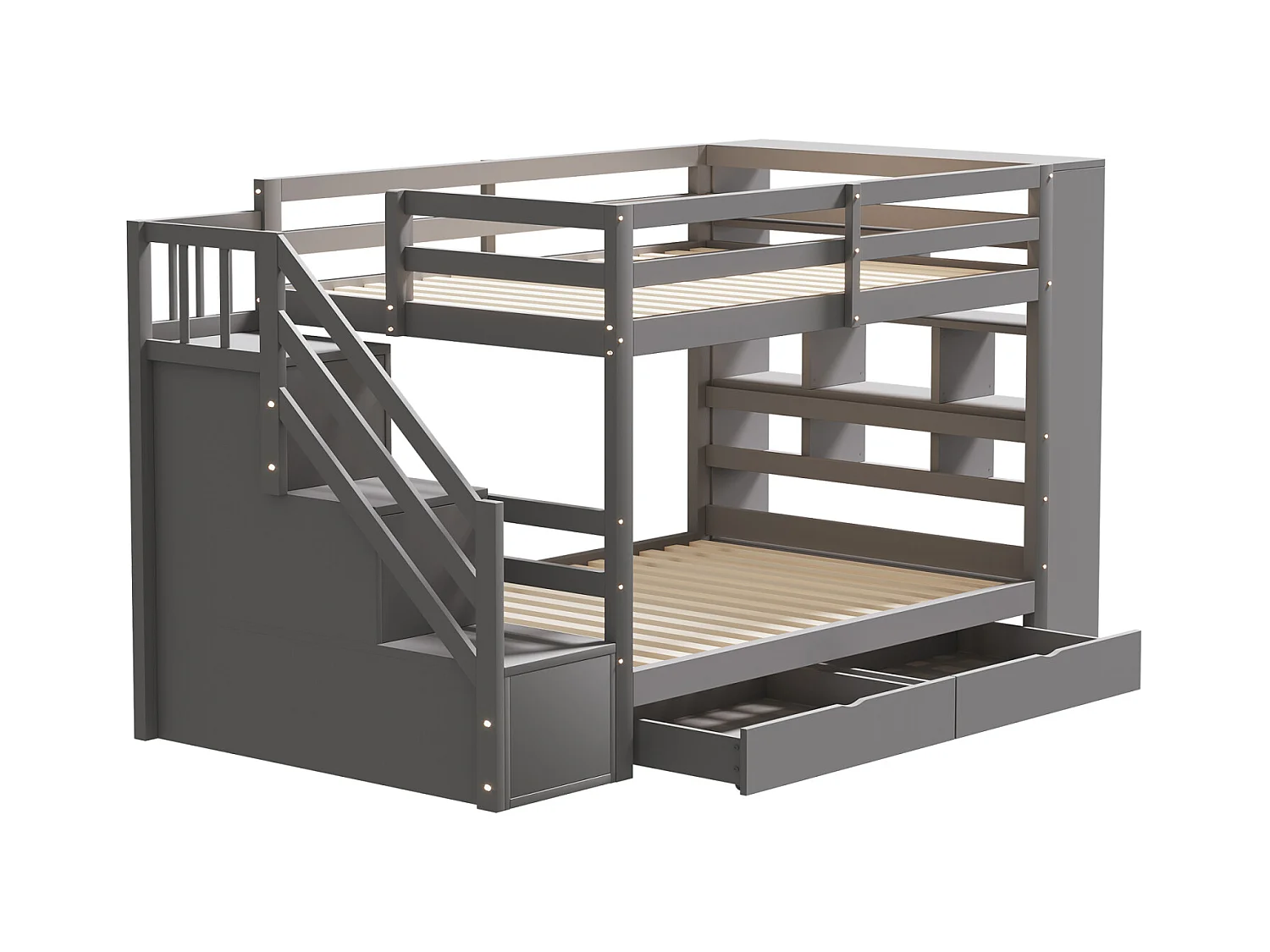 Letto a castello 90x200cm - letto per bambini con 2 reti a doghe, scala con contenitore, 2 cassetti e grandi armadietti - Letto in pino grigio