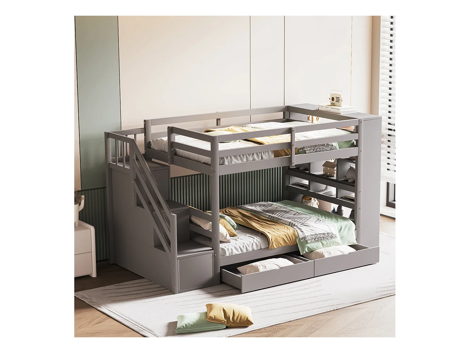 Letto a castello 90x200cm - letto per bambini con 2 reti a doghe, scala con contenitore, 2 cassetti e grandi armadietti - Letto in pino grigio