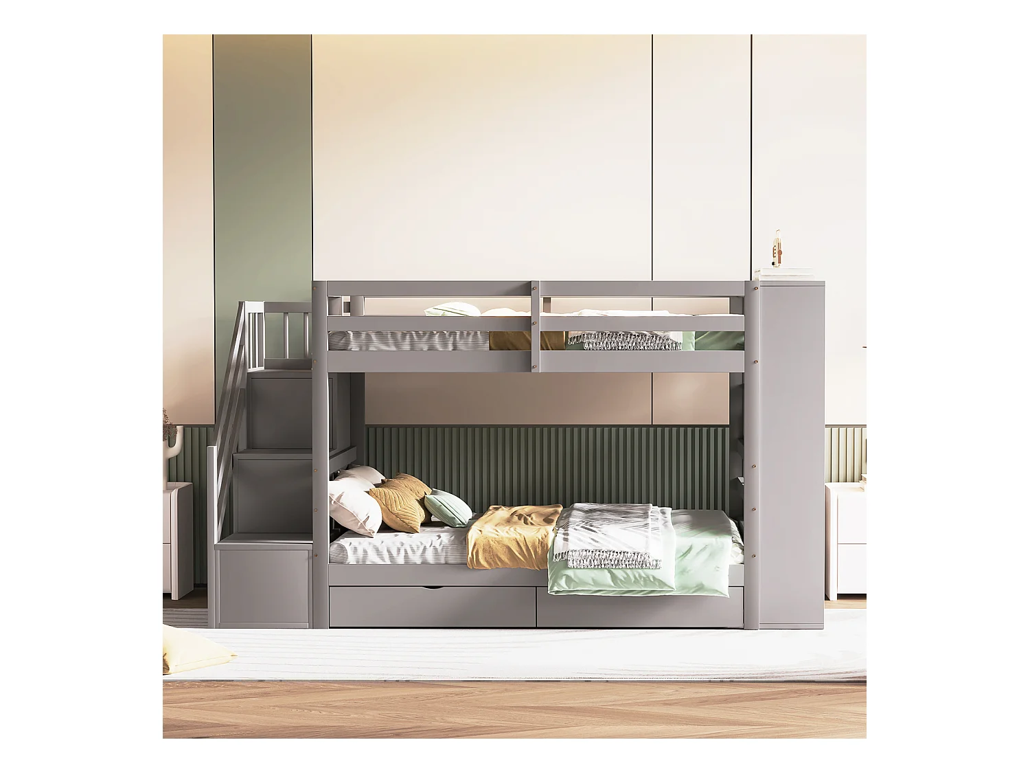 Letto a castello 90x200cm - letto per bambini con 2 reti a doghe, scala con contenitore, 2 cassetti e grandi armadietti - Letto in pino grigio