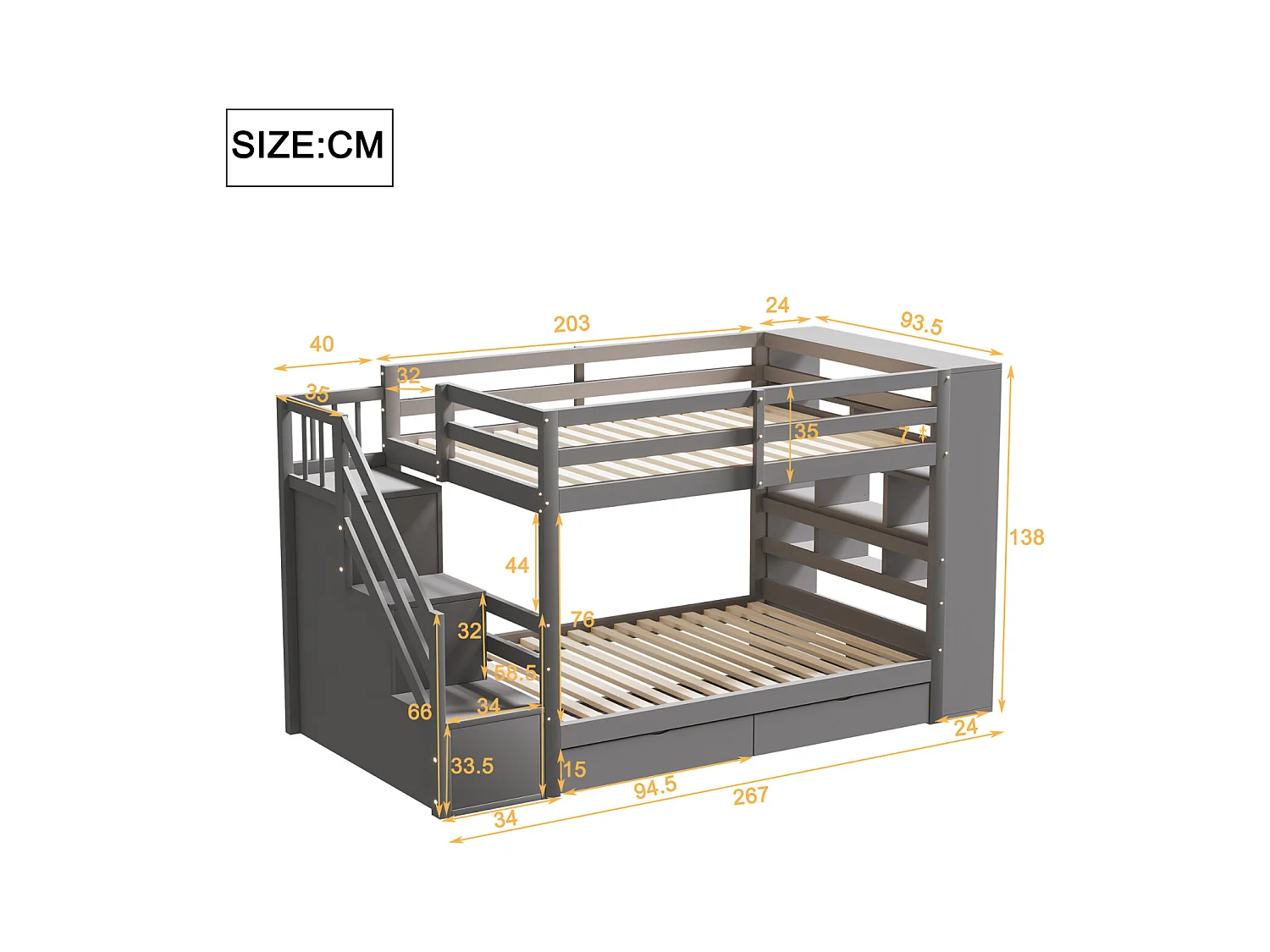 Letto a castello 90x200cm - letto per bambini con 2 reti a doghe, scala con contenitore, 2 cassetti e grandi armadietti - Letto in pino grigio