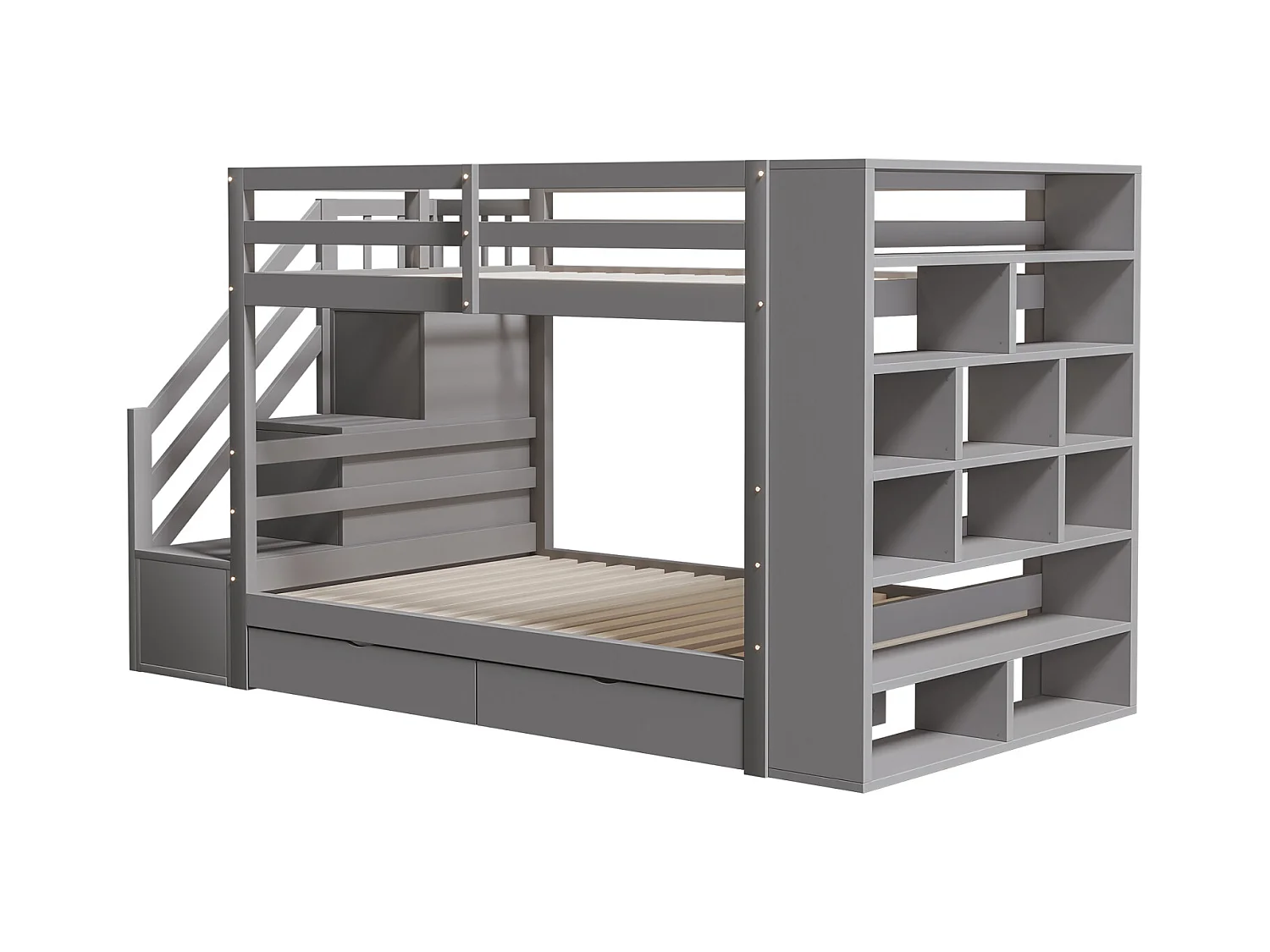 Letto a castello 90x200cm - letto per bambini con 2 reti a doghe, scala con contenitore, 2 cassetti e grandi armadietti - Letto in pino grigio