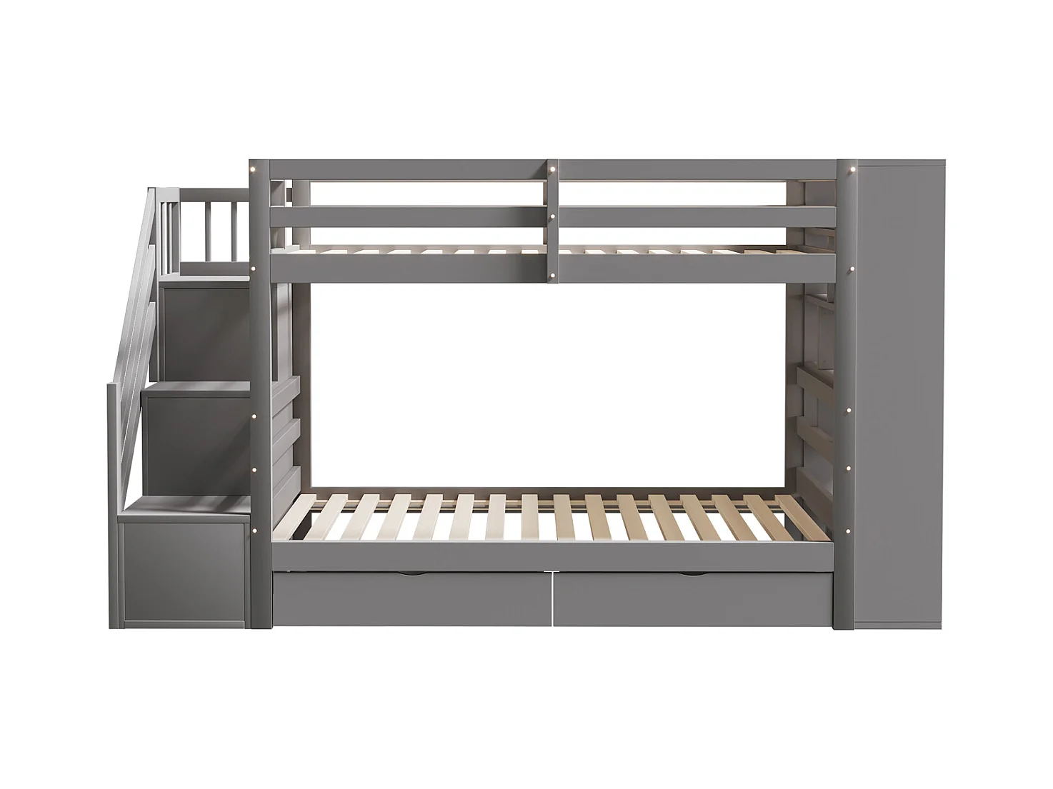 Letto a castello 90x200cm - letto per bambini con 2 reti a doghe, scala con contenitore, 2 cassetti e grandi armadietti - Letto in pino grigio