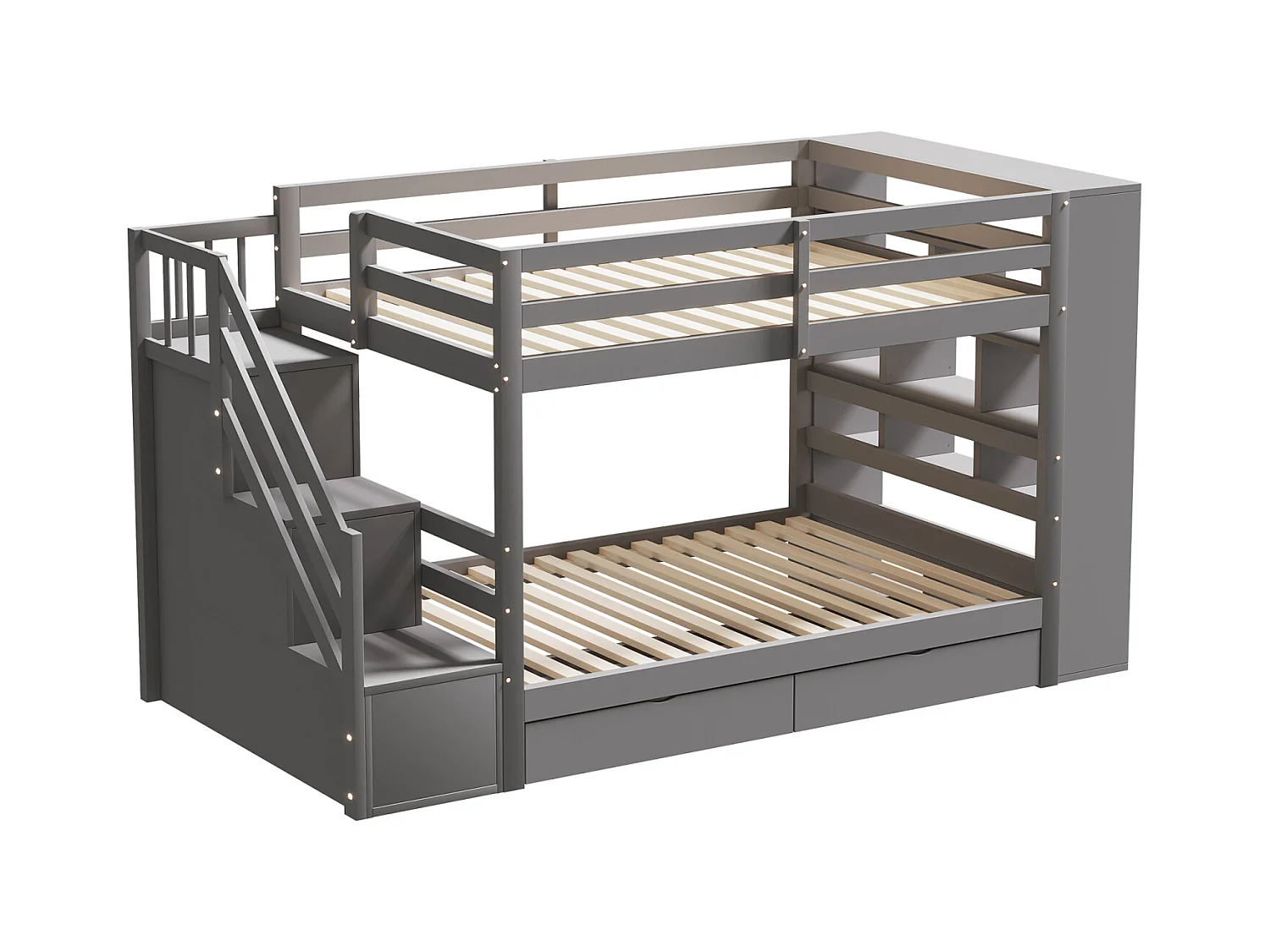 Letto a castello 90x200cm - letto per bambini con 2 reti a doghe, scala con contenitore, 2 cassetti e grandi armadietti - Letto in pino grigio