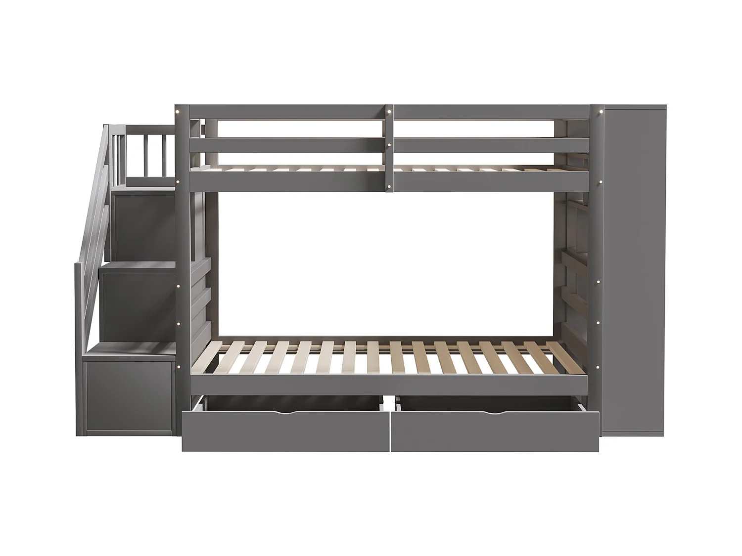 Letto a castello 90x200cm - letto per bambini con 2 reti a doghe, scala con contenitore, 2 cassetti e grandi armadietti - Letto in pino grigio