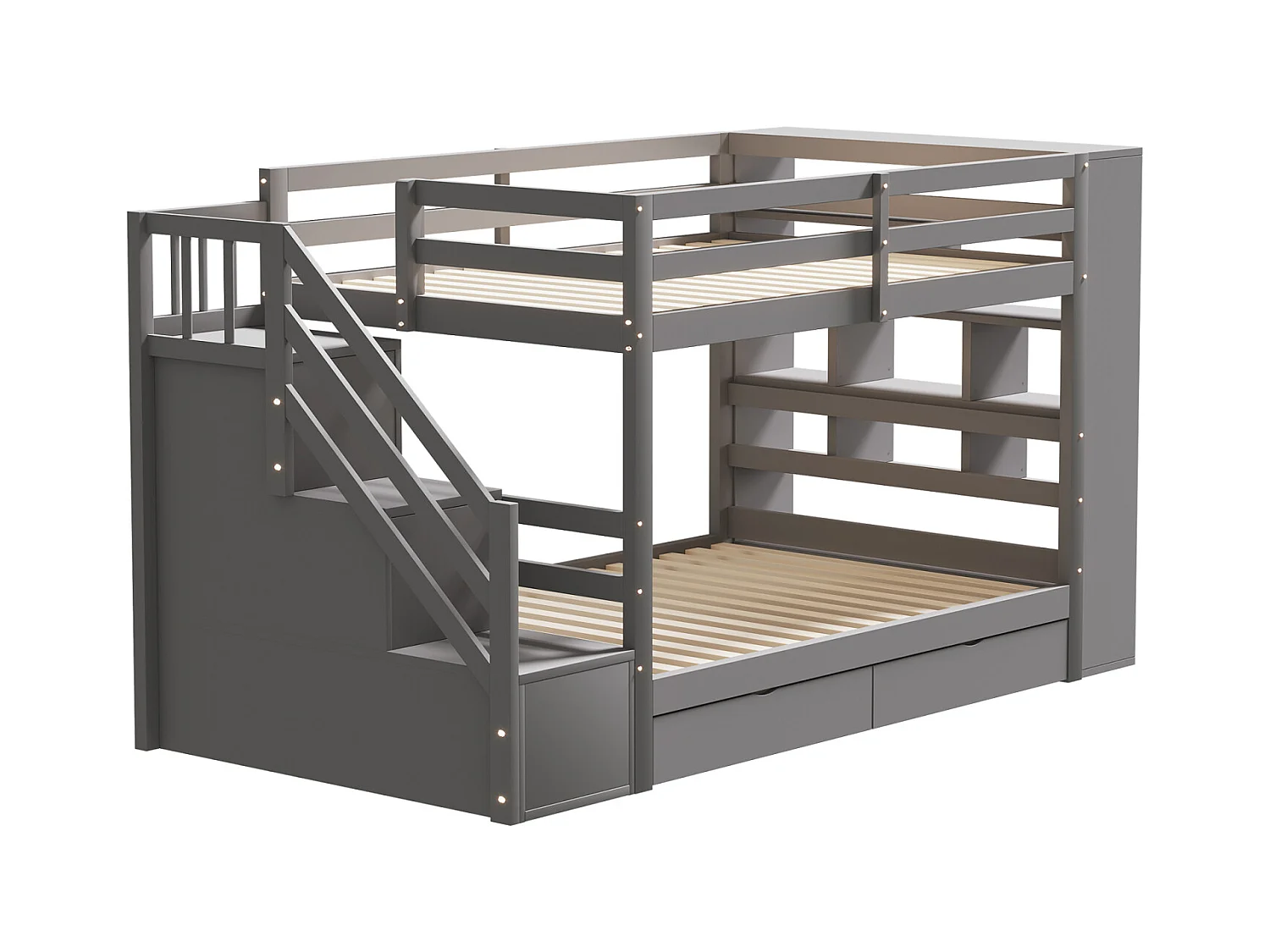 Letto a castello 90x200cm - letto per bambini con 2 reti a doghe, scala con contenitore, 2 cassetti e grandi armadietti - Letto in pino grigio