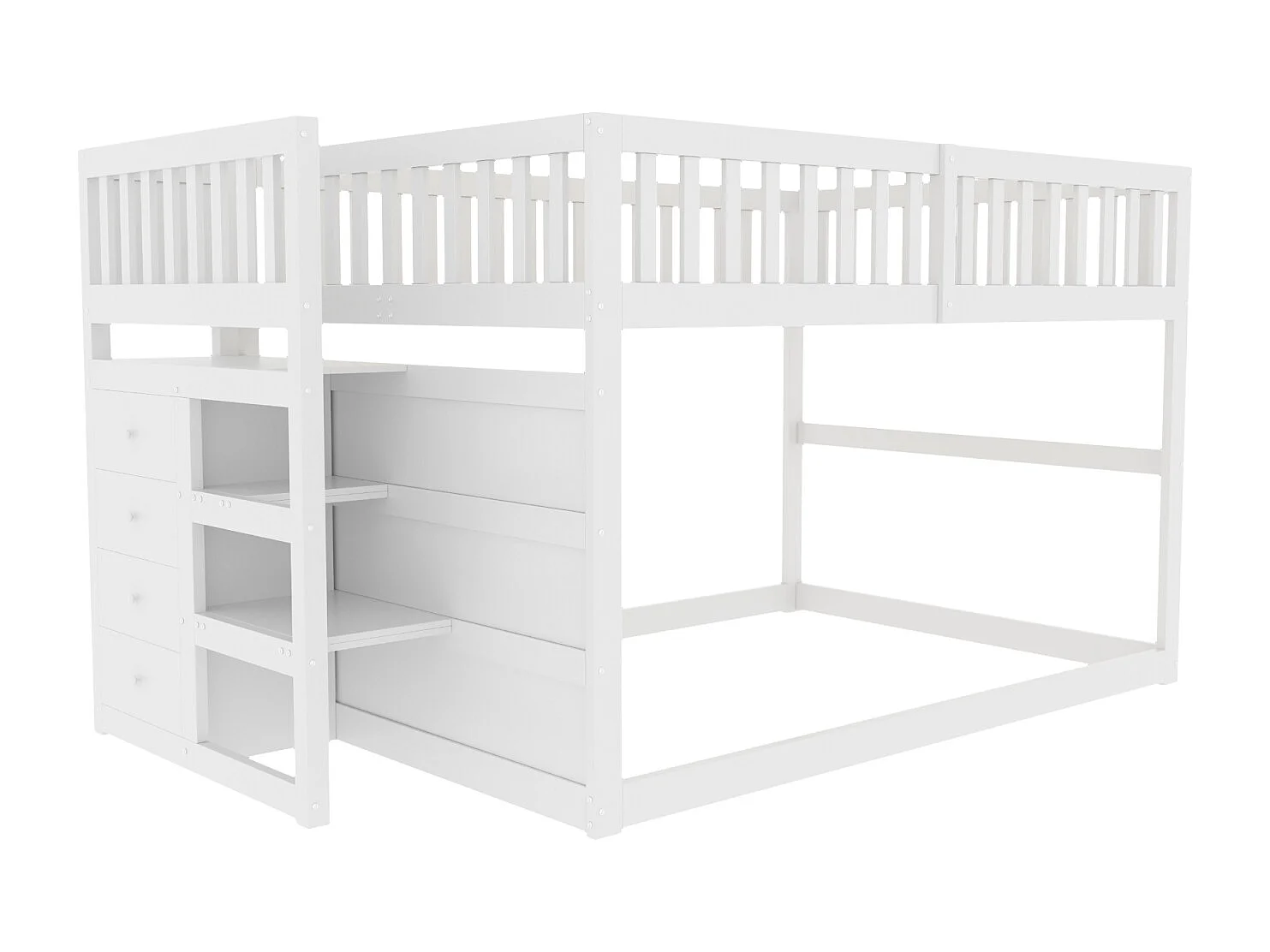 Lit superposé bas Lit enfant 140 x 200 cm en bois avec compartiments de rangement ouverts et clôture, blanc