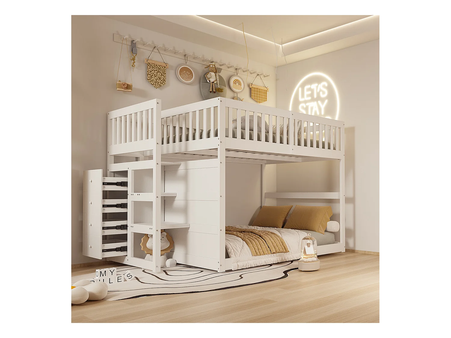 Lit superposé bas Lit enfant 140 x 200 cm en bois avec compartiments de rangement ouverts et clôture, blanc