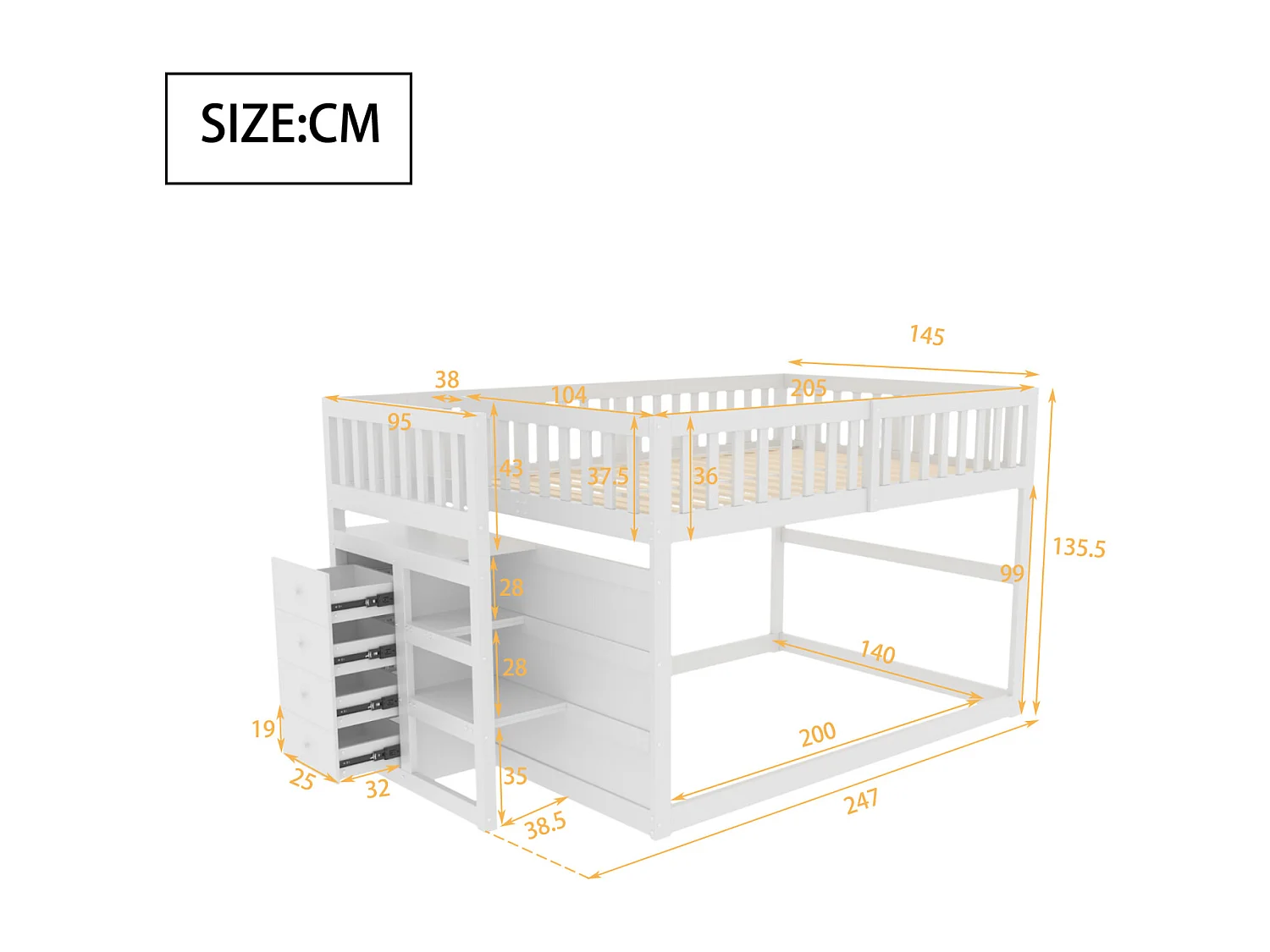 Lit superposé bas Lit enfant 140 x 200 cm en bois avec compartiments de rangement ouverts et clôture, blanc