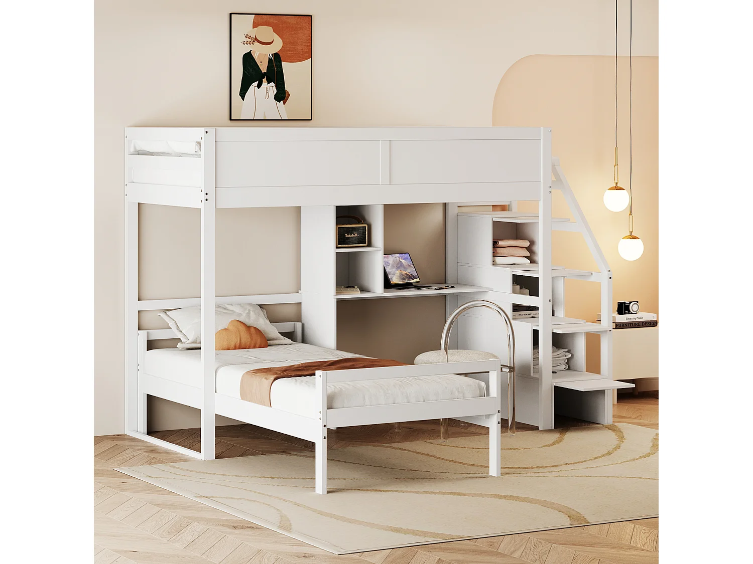 Etagenbett 90x200cm – Kinderbett mit 2x Lattenrost, Treppe mit Stauraum, kleiner Schreibtisch – Bett aus weißem Kiefernholz