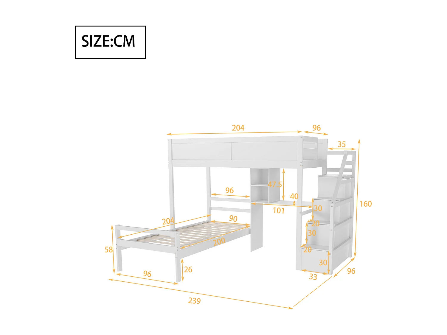 Etagenbett 90x200cm – Kinderbett mit 2x Lattenrost, Treppe mit Stauraum, kleiner Schreibtisch – Bett aus weißem Kiefernholz