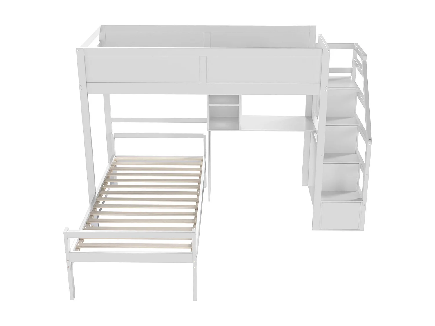 Etagenbett 90x200cm – Kinderbett mit 2x Lattenrost, Treppe mit Stauraum, kleiner Schreibtisch – Bett aus weißem Kiefernholz