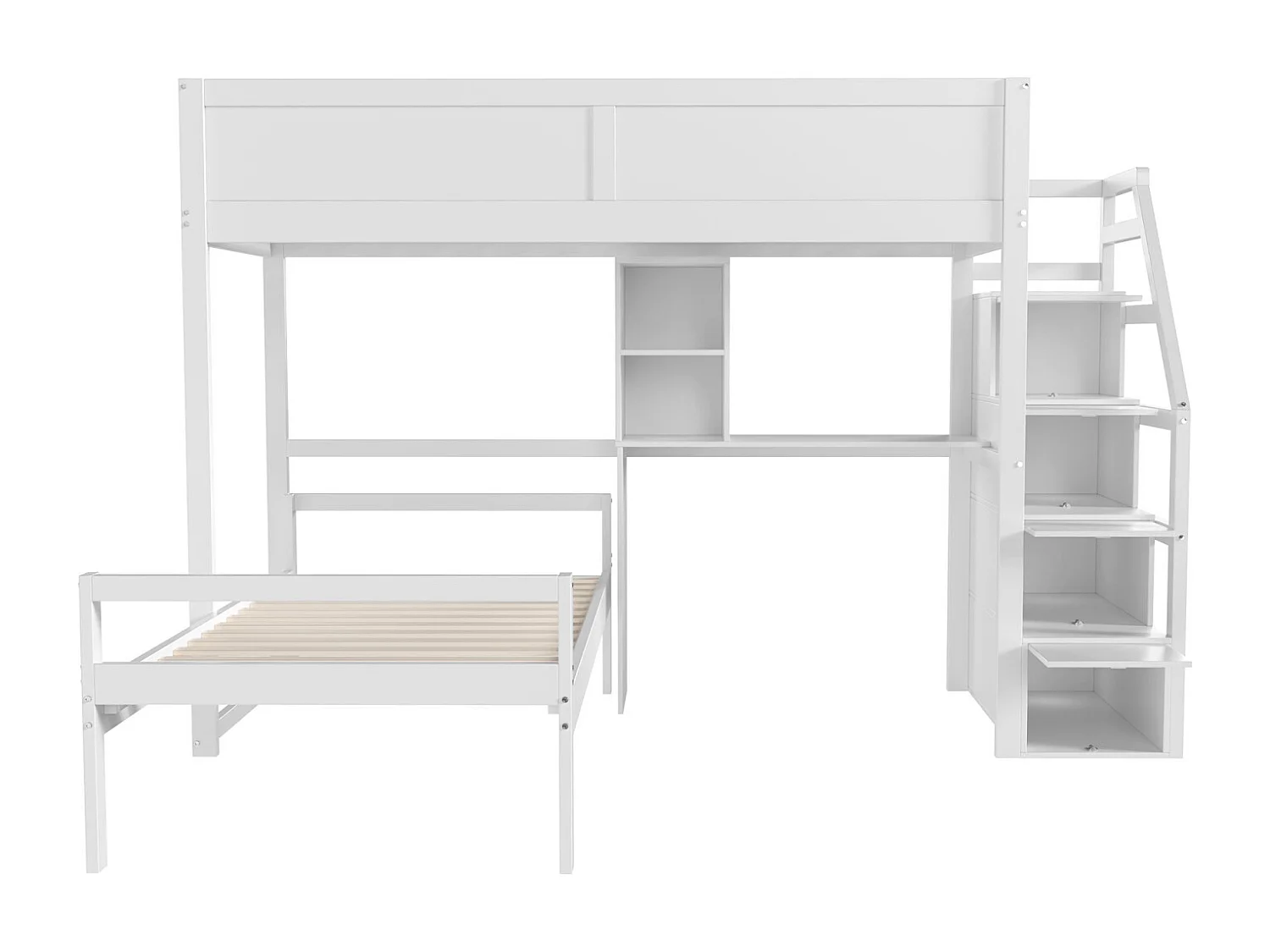Etagenbett 90x200cm – Kinderbett mit 2x Lattenrost, Treppe mit Stauraum, kleiner Schreibtisch – Bett aus weißem Kiefernholz