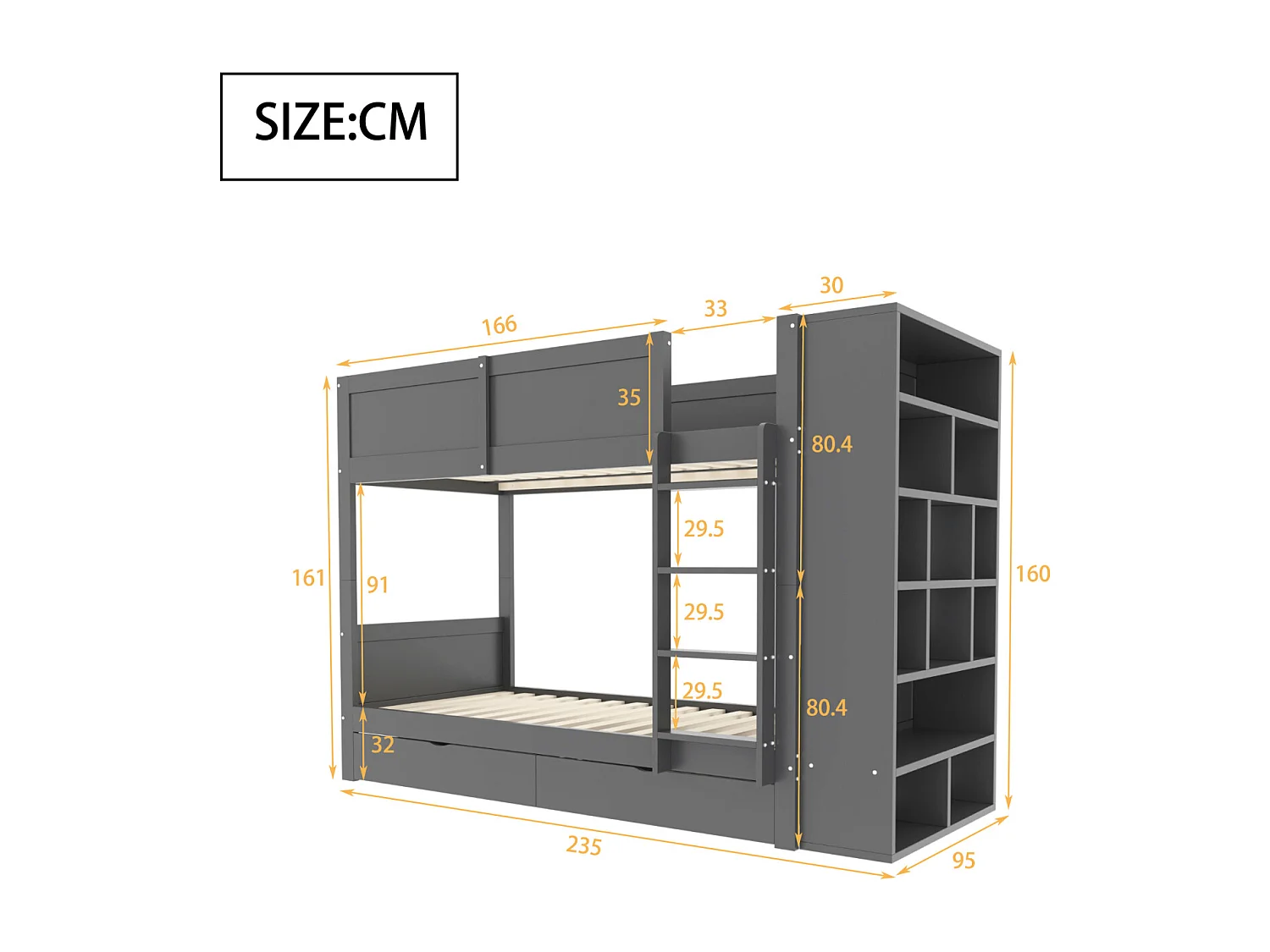 Litera de 90 x 200 cm, cama infantil con mueble de almacenaje, dos cajones, somier de láminas, gris