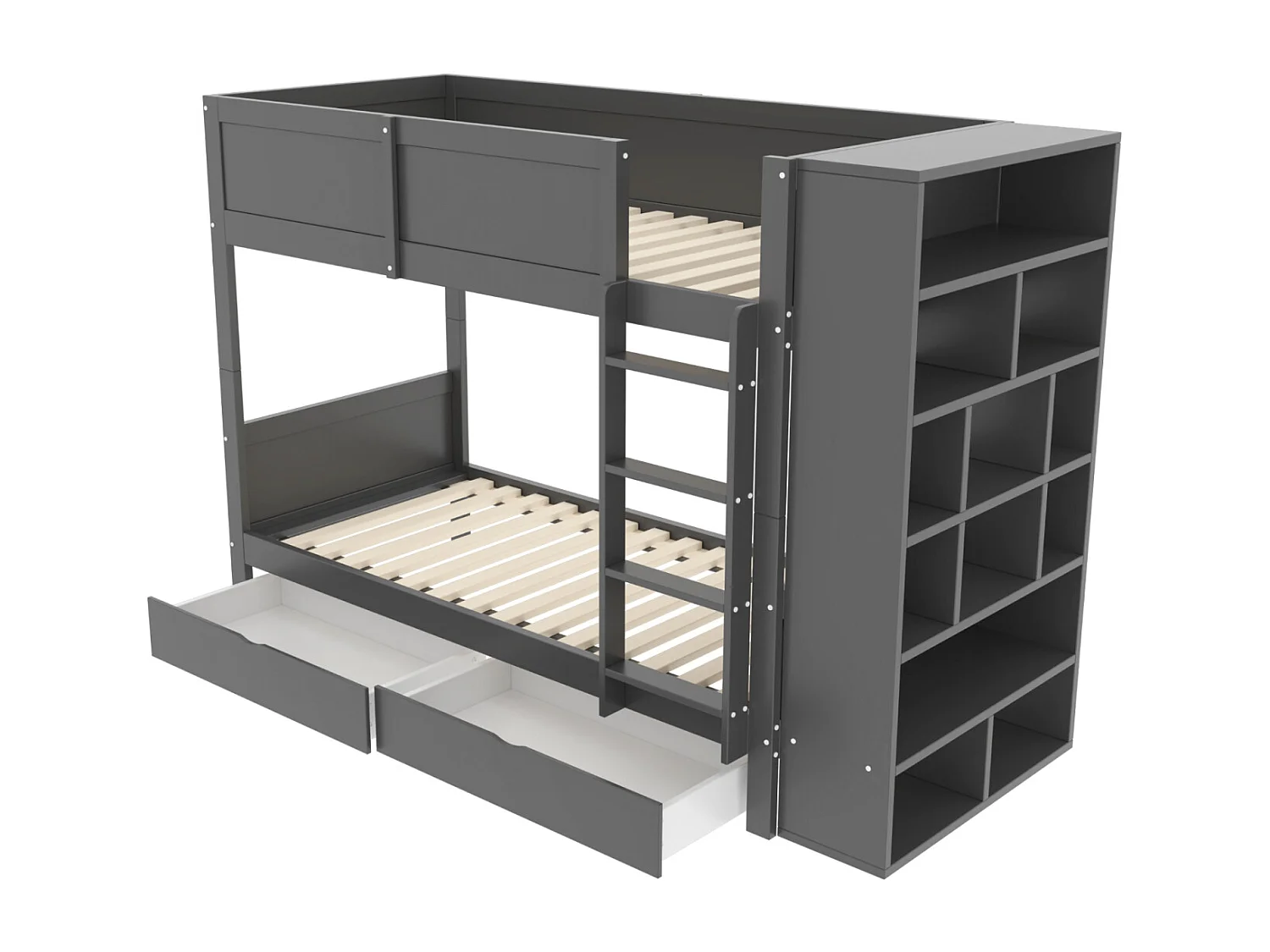 Litera de 90 x 200 cm, cama infantil con mueble de almacenaje, dos cajones, somier de láminas, gris