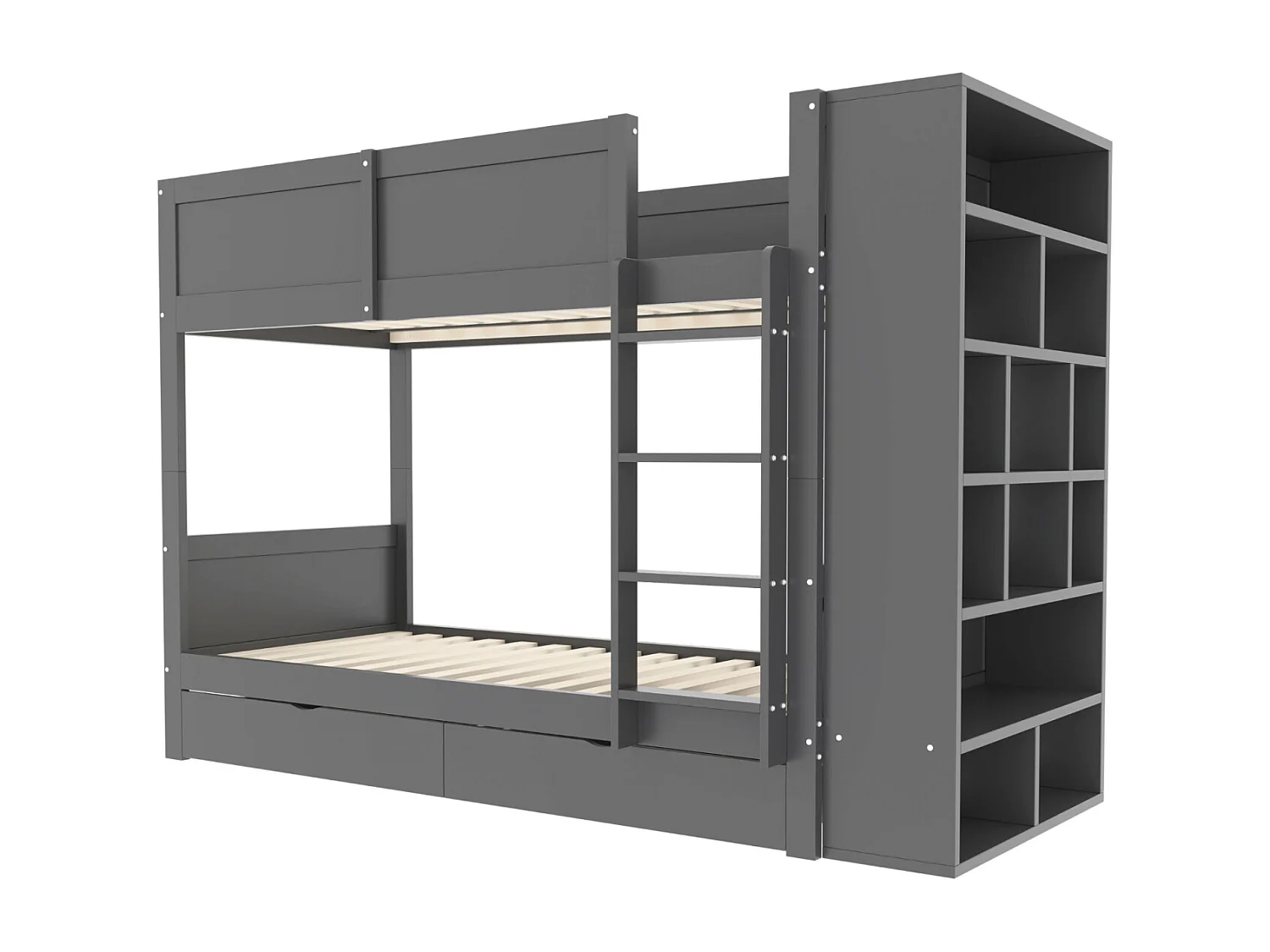 Litera de 90 x 200 cm, cama infantil con mueble de almacenaje, dos cajones, somier de láminas, gris