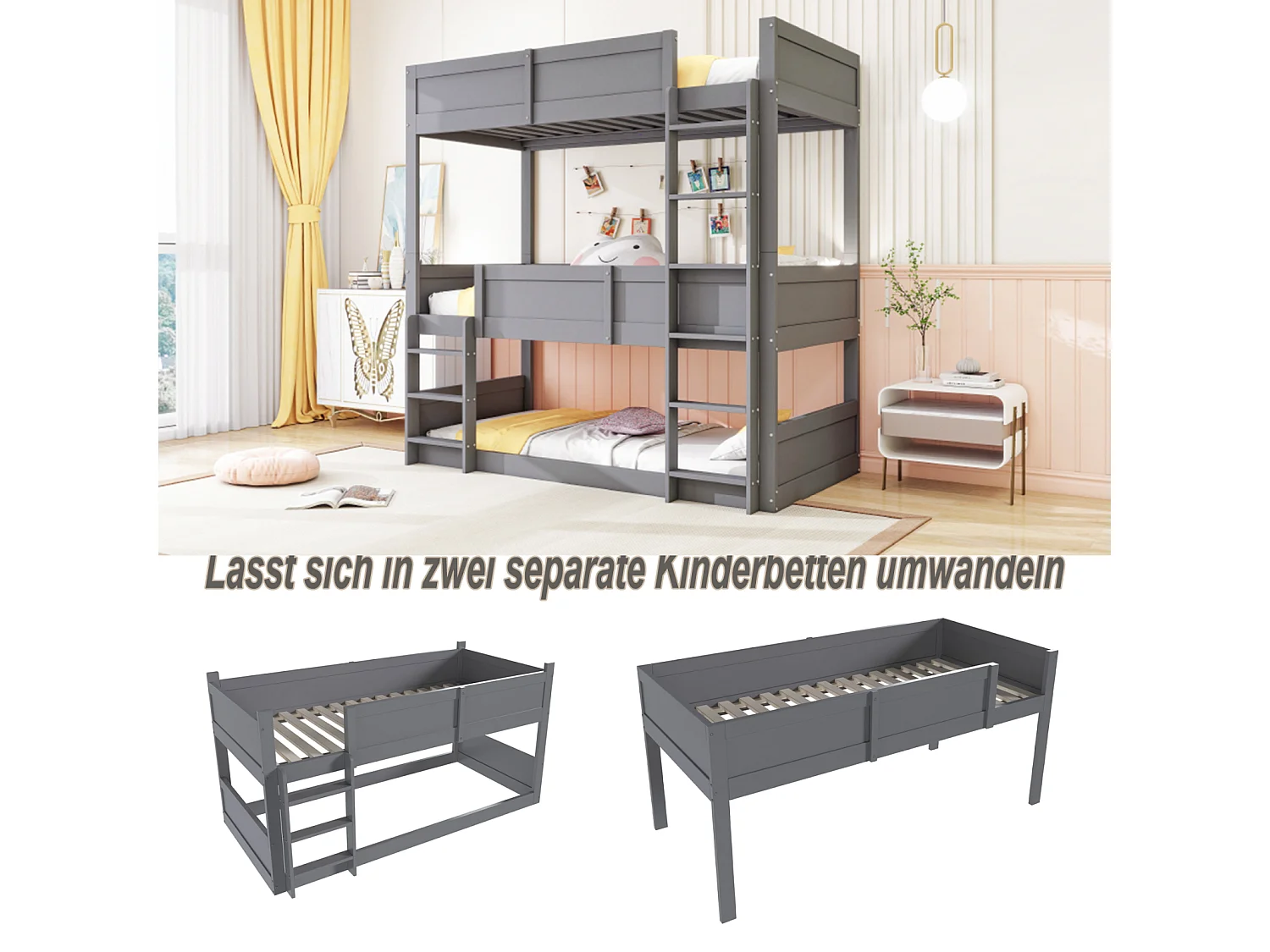 Lit Superposé Enfant 90x200 cm, Lit 3 Places avec Garde-Corps Haut,Cadre de Lit Triple,Échelle et Sommier à Lattes,Bois,Gris