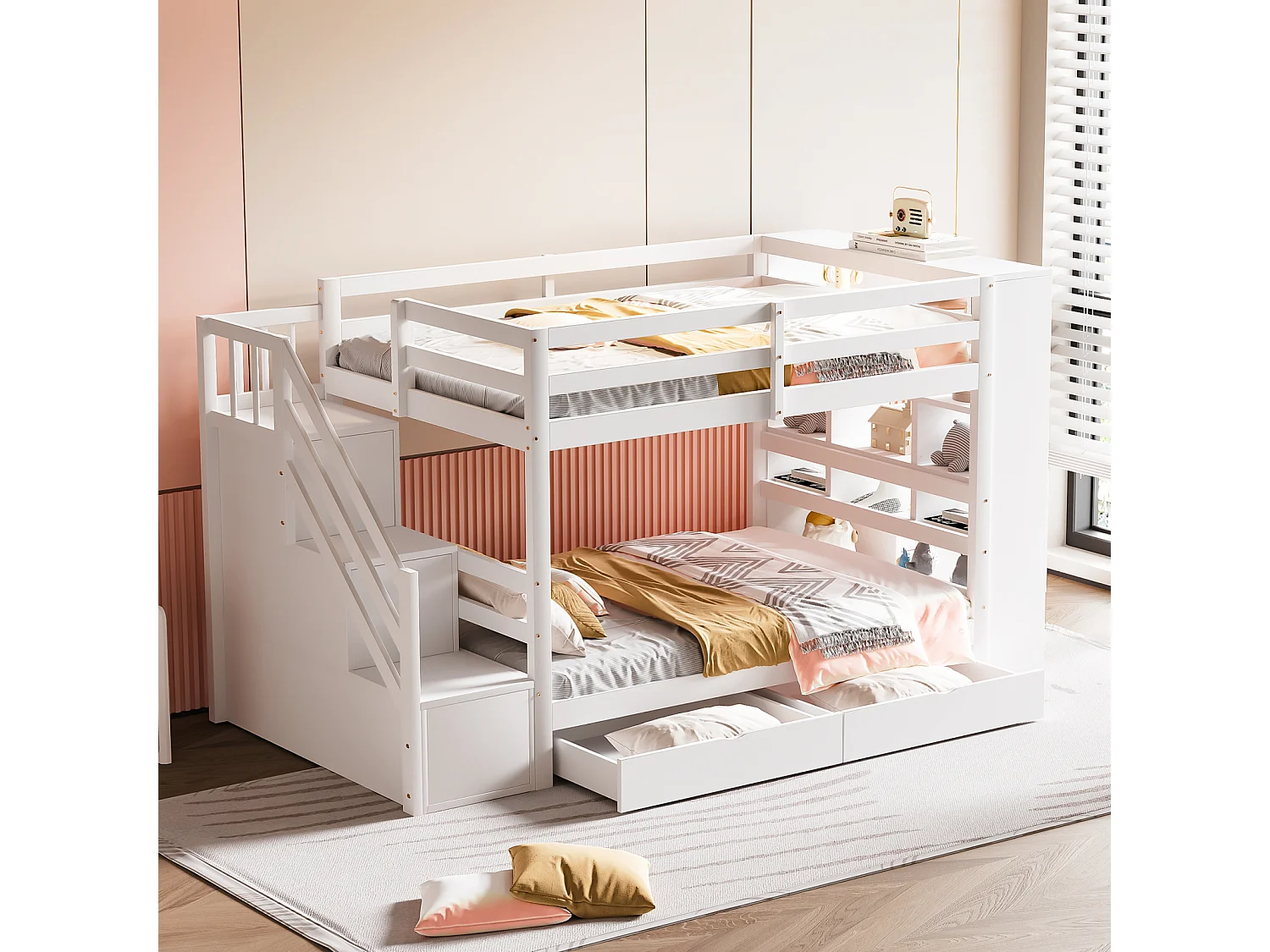 Beliche 90x200cm - cama de criança com 2 estrados de ripas, escada com arrumação, 2 gavetas e armários grandes - Cama em pinho branco