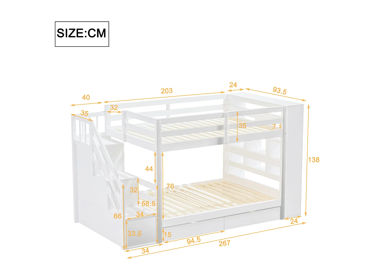Beliche 90x200cm - cama de criança com 2 estrados de ripas, escada com arrumação, 2 gavetas e armários grandes - Cama em pinho branco