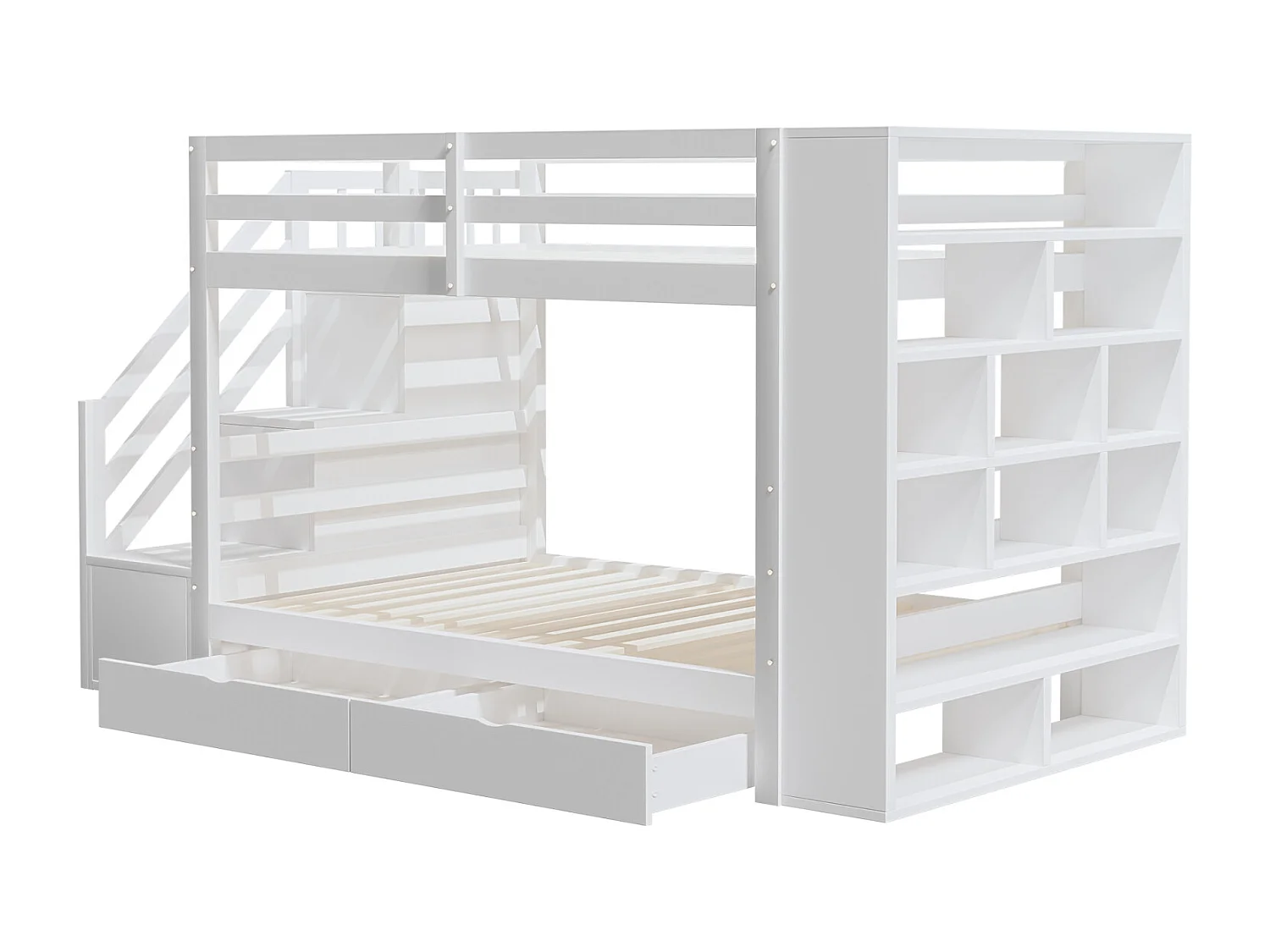 Beliche 90x200cm - cama de criança com 2 estrados de ripas, escada com arrumação, 2 gavetas e armários grandes - Cama em pinho branco