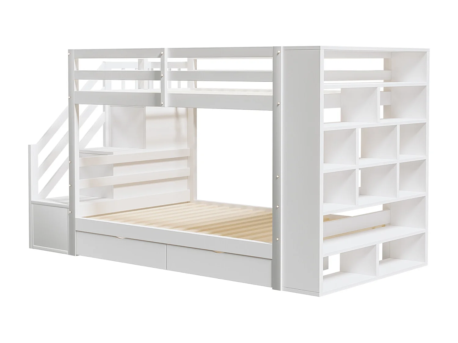 Beliche 90x200cm - cama de criança com 2 estrados de ripas, escada com arrumação, 2 gavetas e armários grandes - Cama em pinho branco