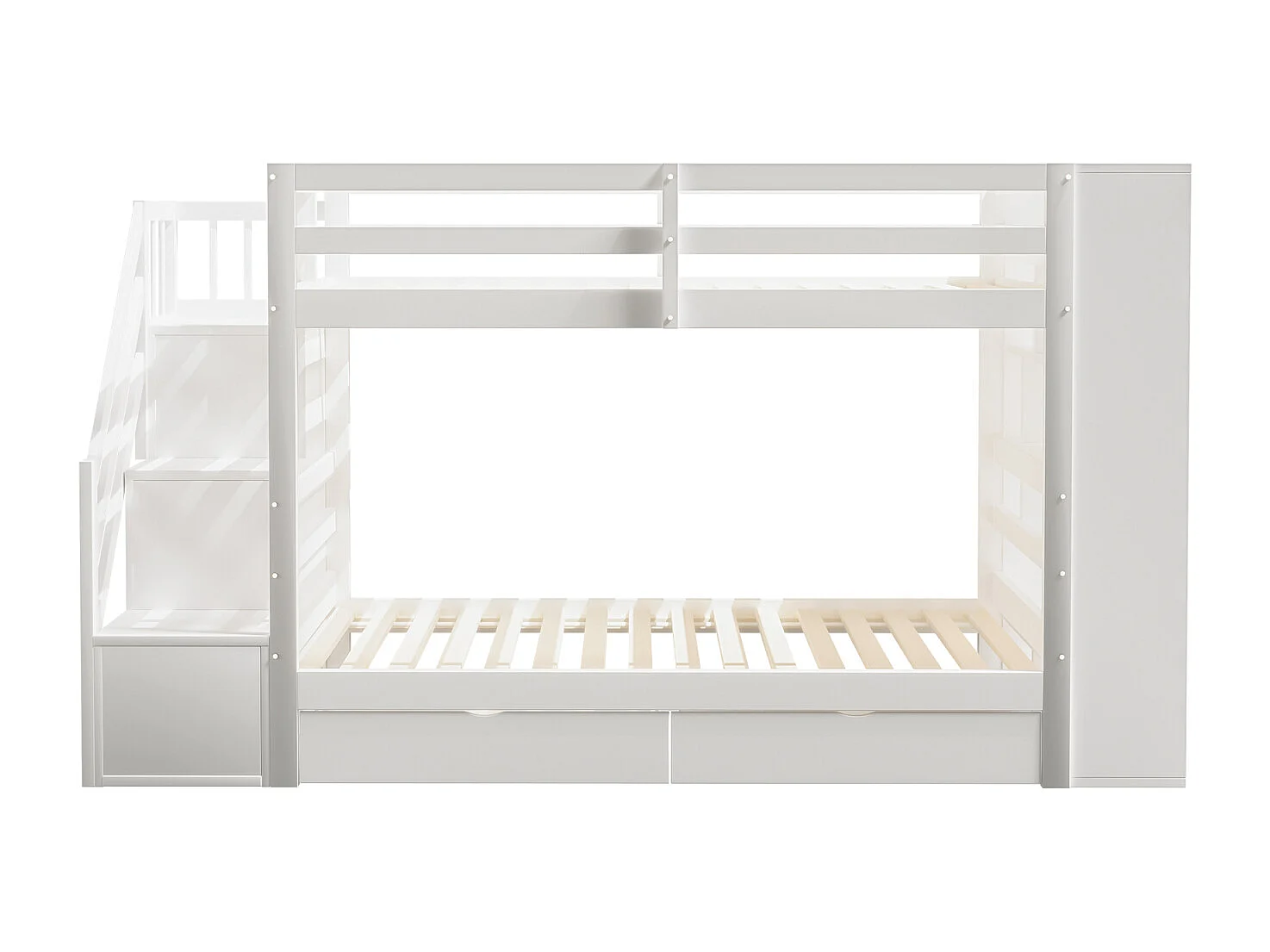 Beliche 90x200cm - cama de criança com 2 estrados de ripas, escada com arrumação, 2 gavetas e armários grandes - Cama em pinho branco