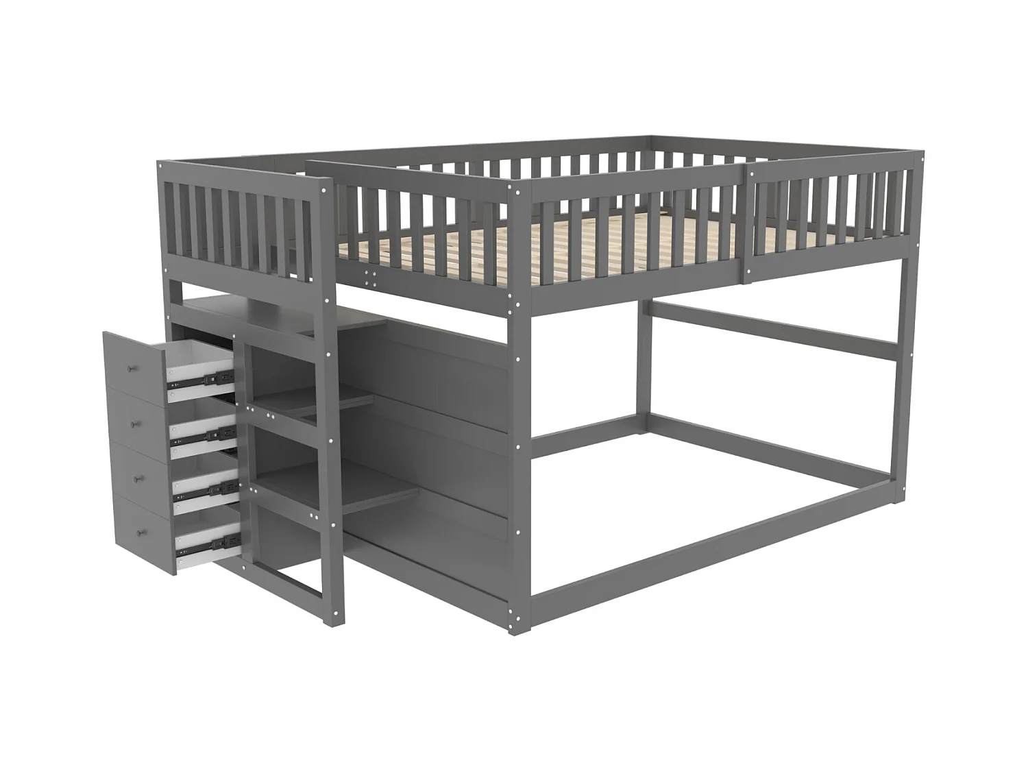 Lit superposé bas Lit enfant 140 x 200 cm en bois avec compartiments de rangement ouverts et clôture, gris