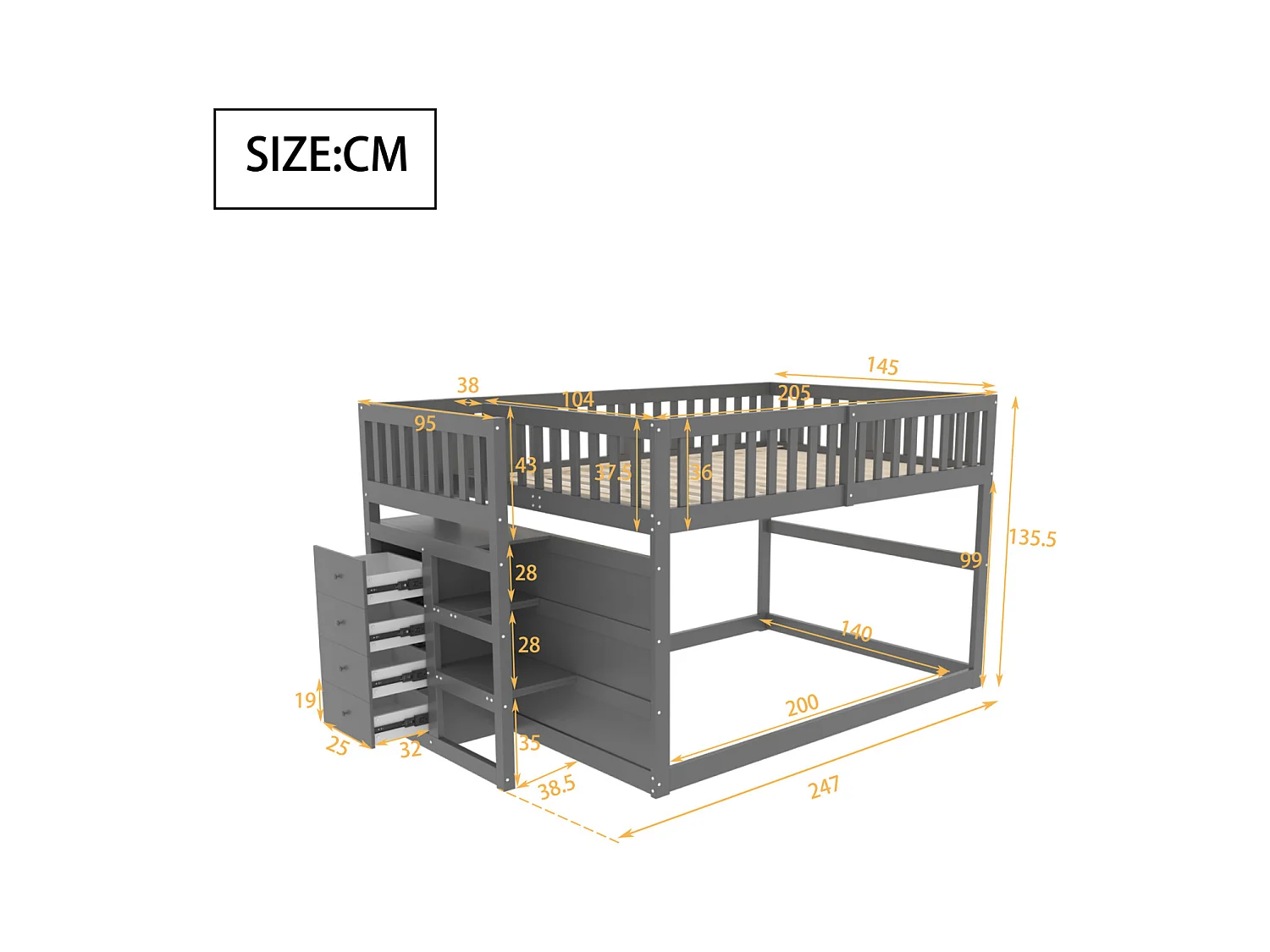 Lit superposé bas Lit enfant 140 x 200 cm en bois avec compartiments de rangement ouverts et clôture, gris