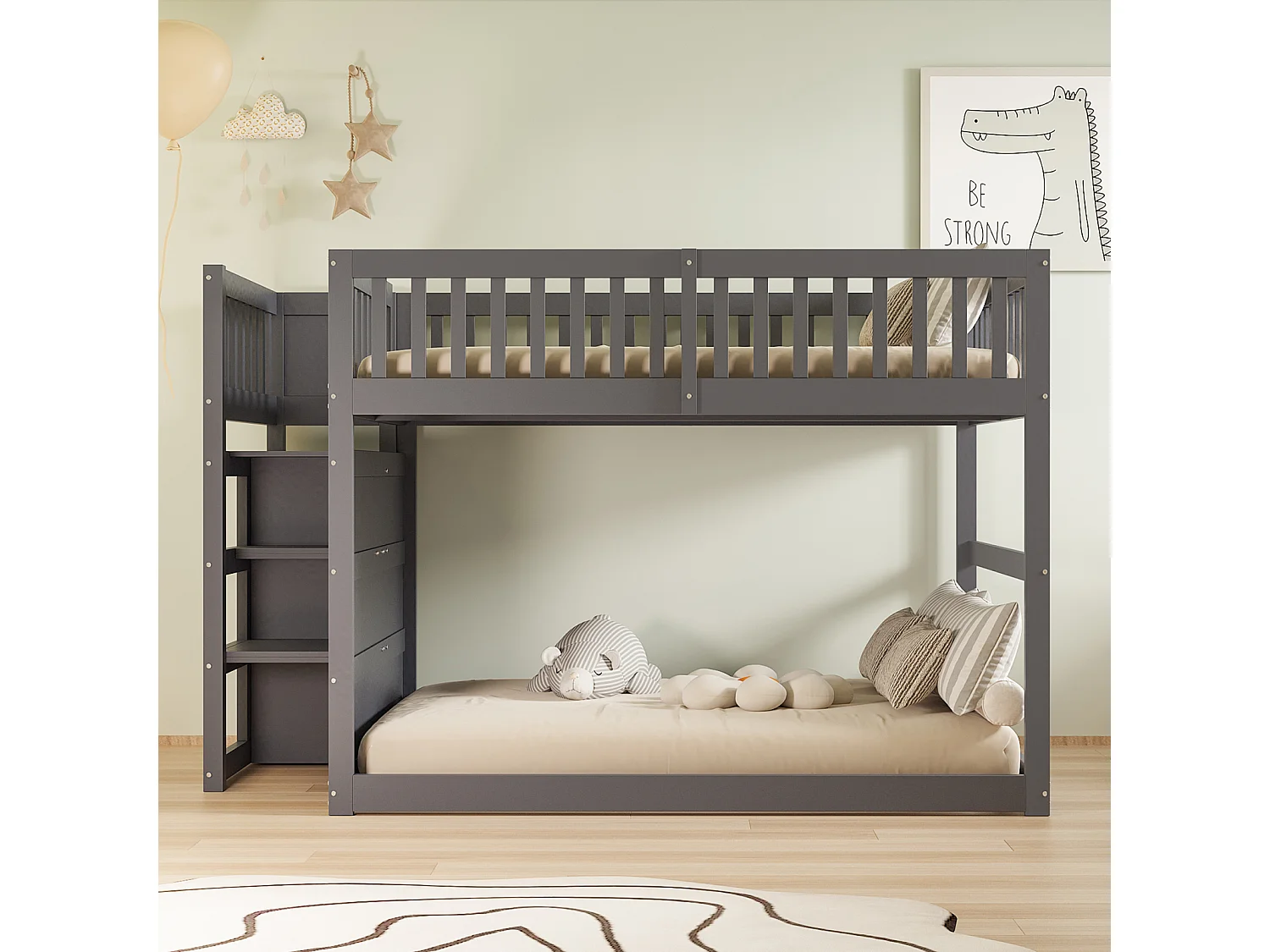 Litera baja Cama infantil de 140 x 200 cm de madera con compartimentos de almacenamiento abiertos y valla, gris