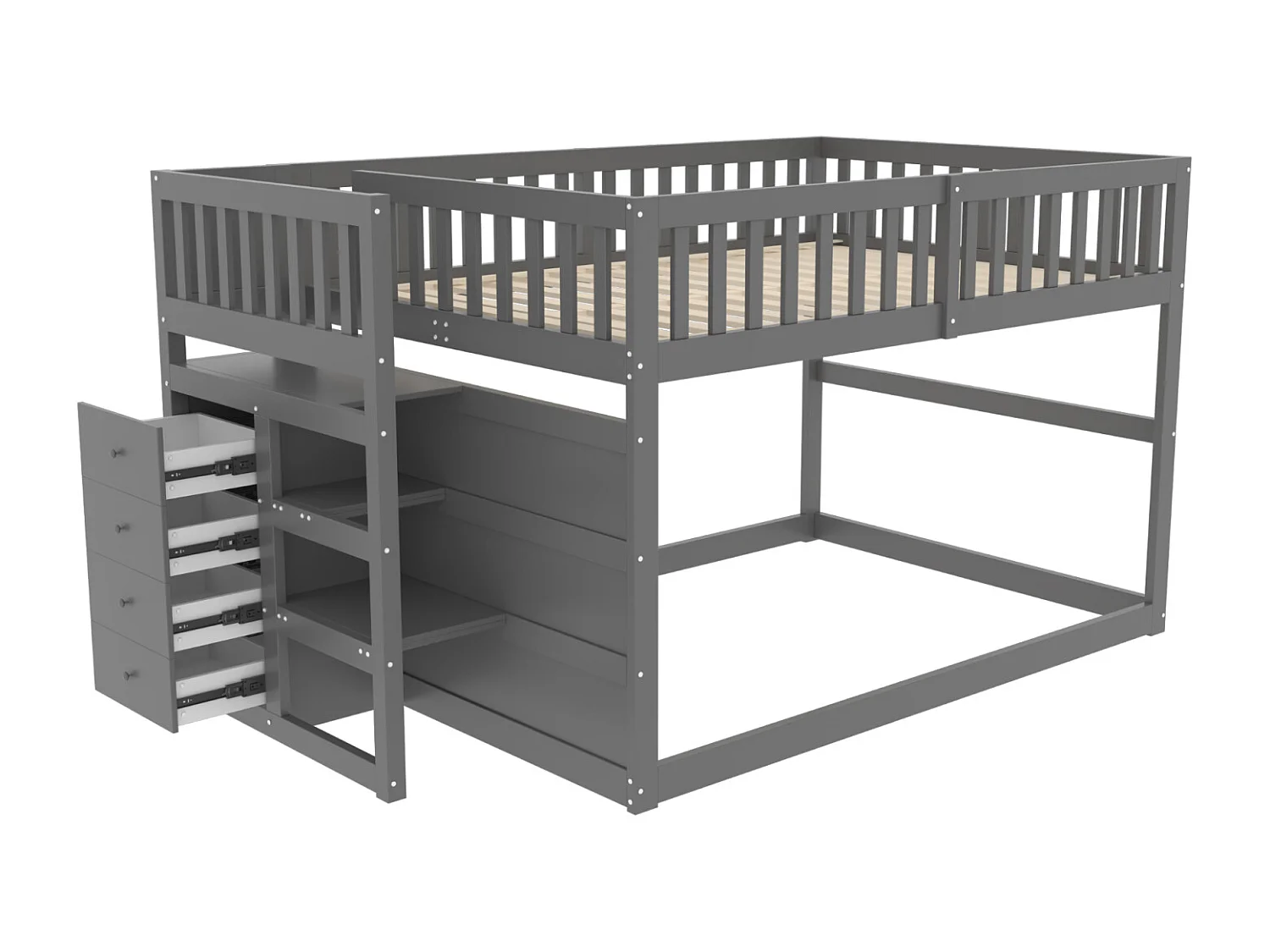 Litera baja Cama infantil de 140 x 200 cm de madera con compartimentos de almacenamiento abiertos y valla, gris