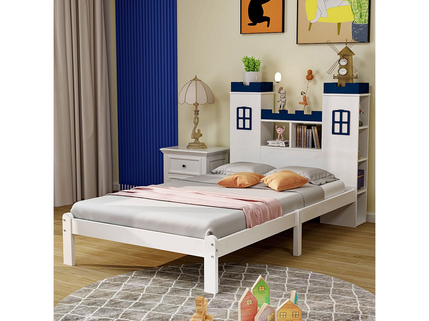 Lit Simple Enfant 90x200 Cm Avec Tête De Lit Oreilles De Lapin - Style Mignon, Imitation Laine, Blanc
