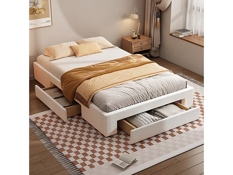 Bedframe met 3 laden, met lattenbodem, zonder hoofdbord, beige 140x200cm